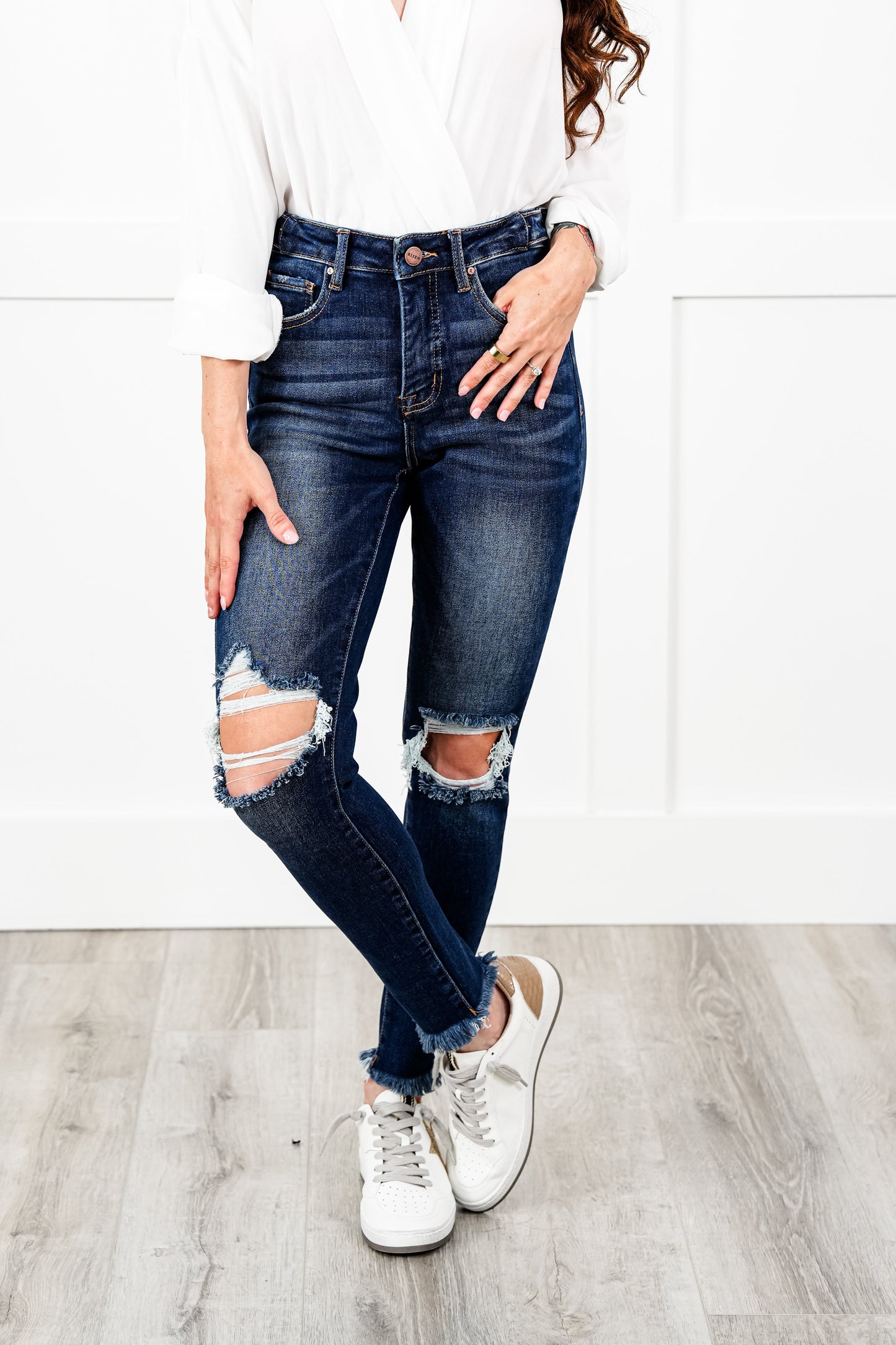 Risen High Rise Dark Wash Distressed Tummy Control Adjustable Waist Skinny Jeans
