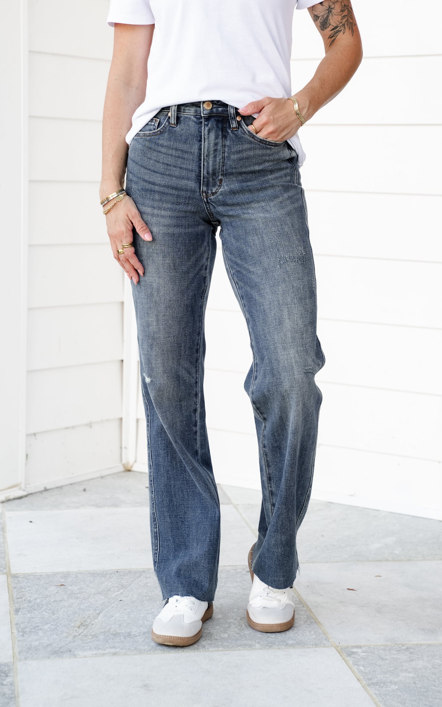 Judy Blue Straighten Up High Rise Medium Wash Tummy Control Raw Hem Straight Leg Jeans