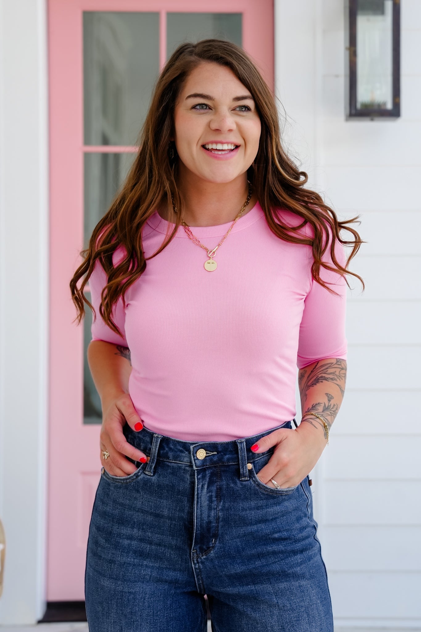 Ribbed Knit 3/4 Sleeve Round Neck top