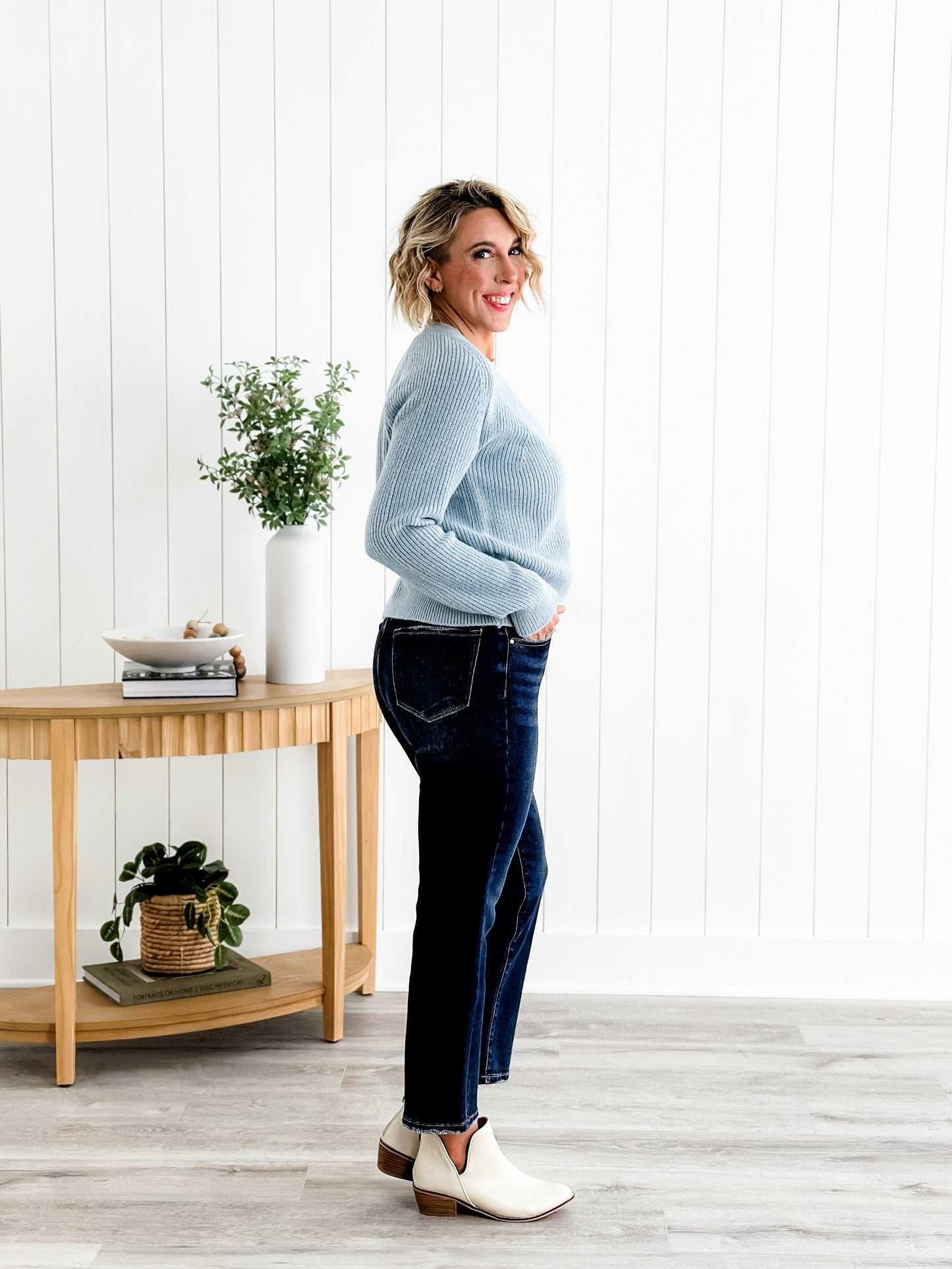 Risen Dark Wash High Rise Cropped Straight Leg Jeans