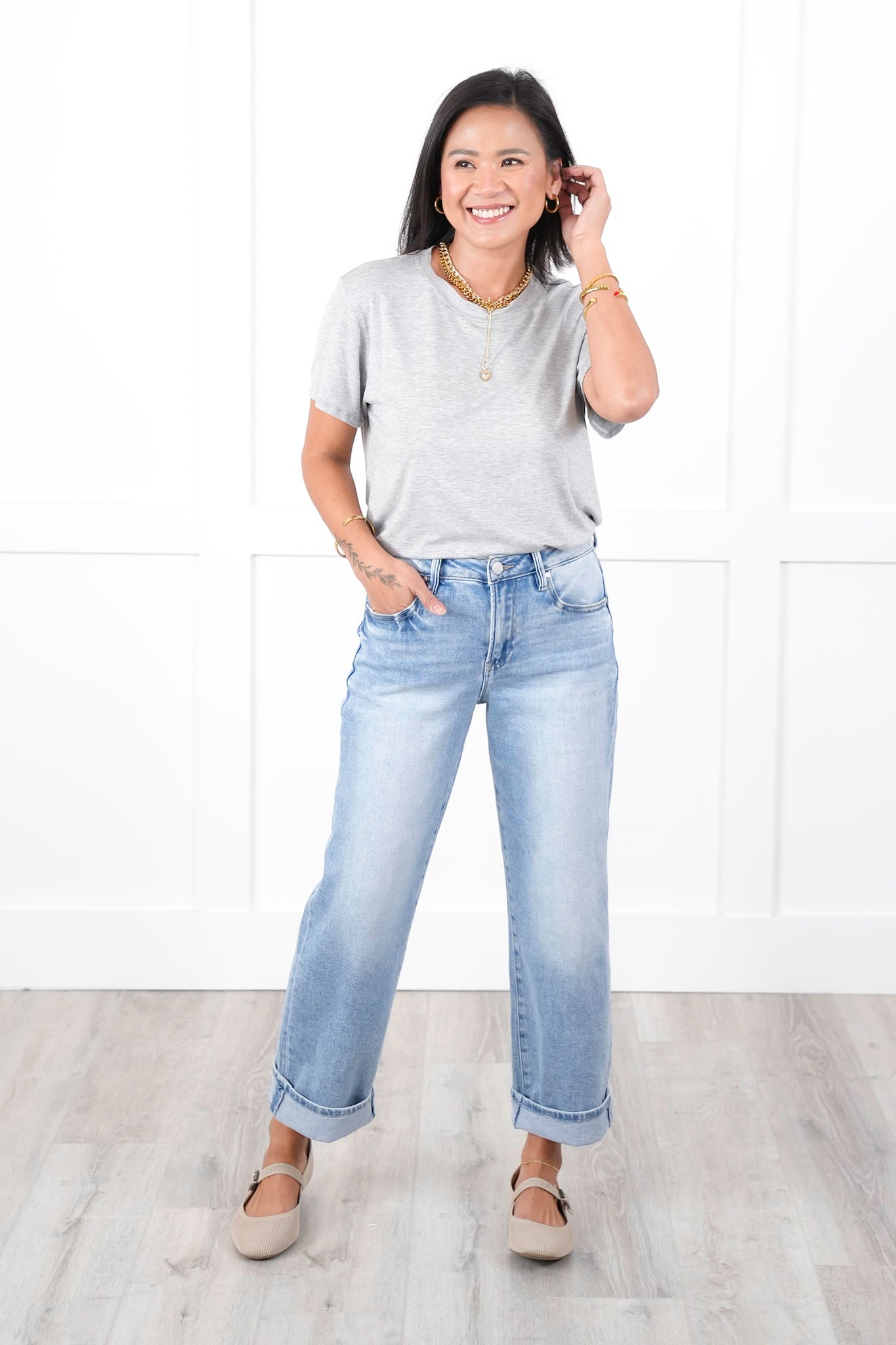 Risen High Rise Light Wash Ankle Barrel Jeans with Cuff