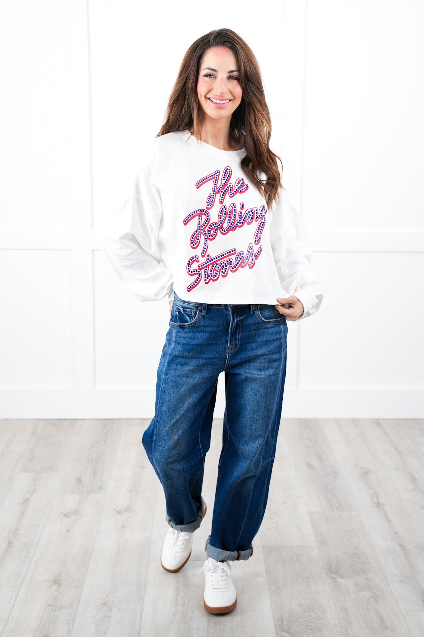 Rhinestone "The Rolling Stones" Long Sleeve Cropped Sweatshirt