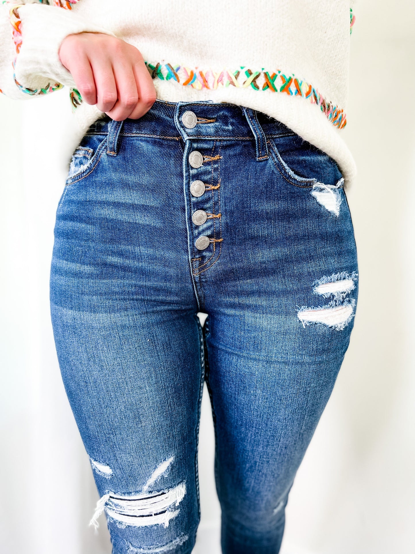 Vervet Parkside Medium Wash Distressed Button Down Skinny Jeans with Raw Ankle Hem