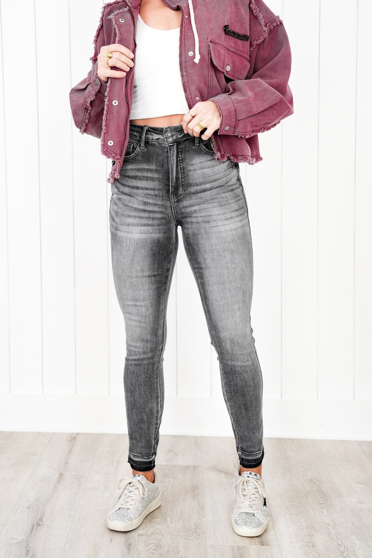 Judy Blue 50 Shades of Grey High Rise Grey Wash Tummy Control Skinny Jeans With Release Hem