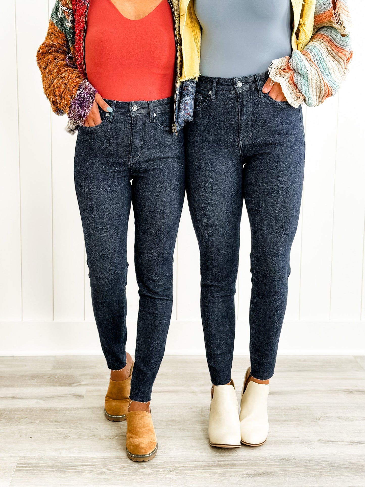 Judy Blue Starry Night High Rise Dark Wash Tummy Control Top Raw Hem Jeans