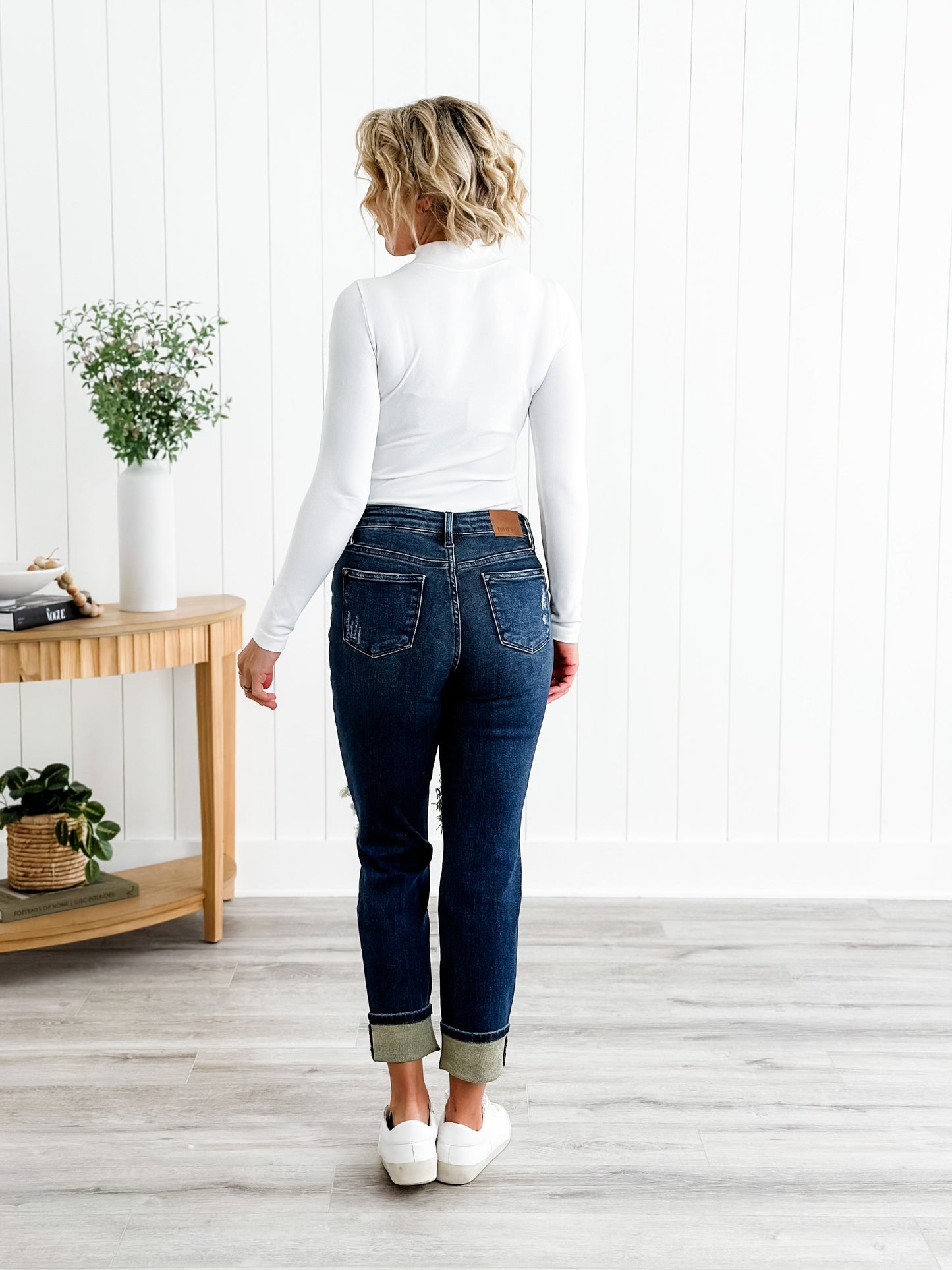 Judy Blue Warm and Cozy Mid Rise Dark Wash Boyfriend Buffalo Plaid Knee Destroy Patches With Cuff Jeans