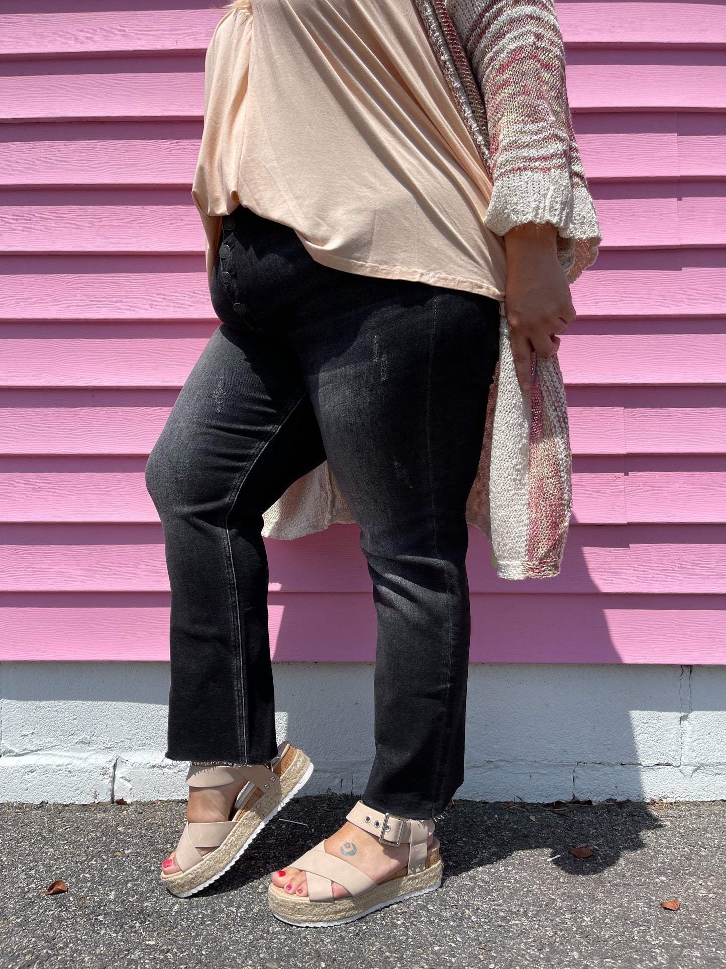 Risen Black Mid Rise Button Fly Relaxed Fit Skinny Jeans