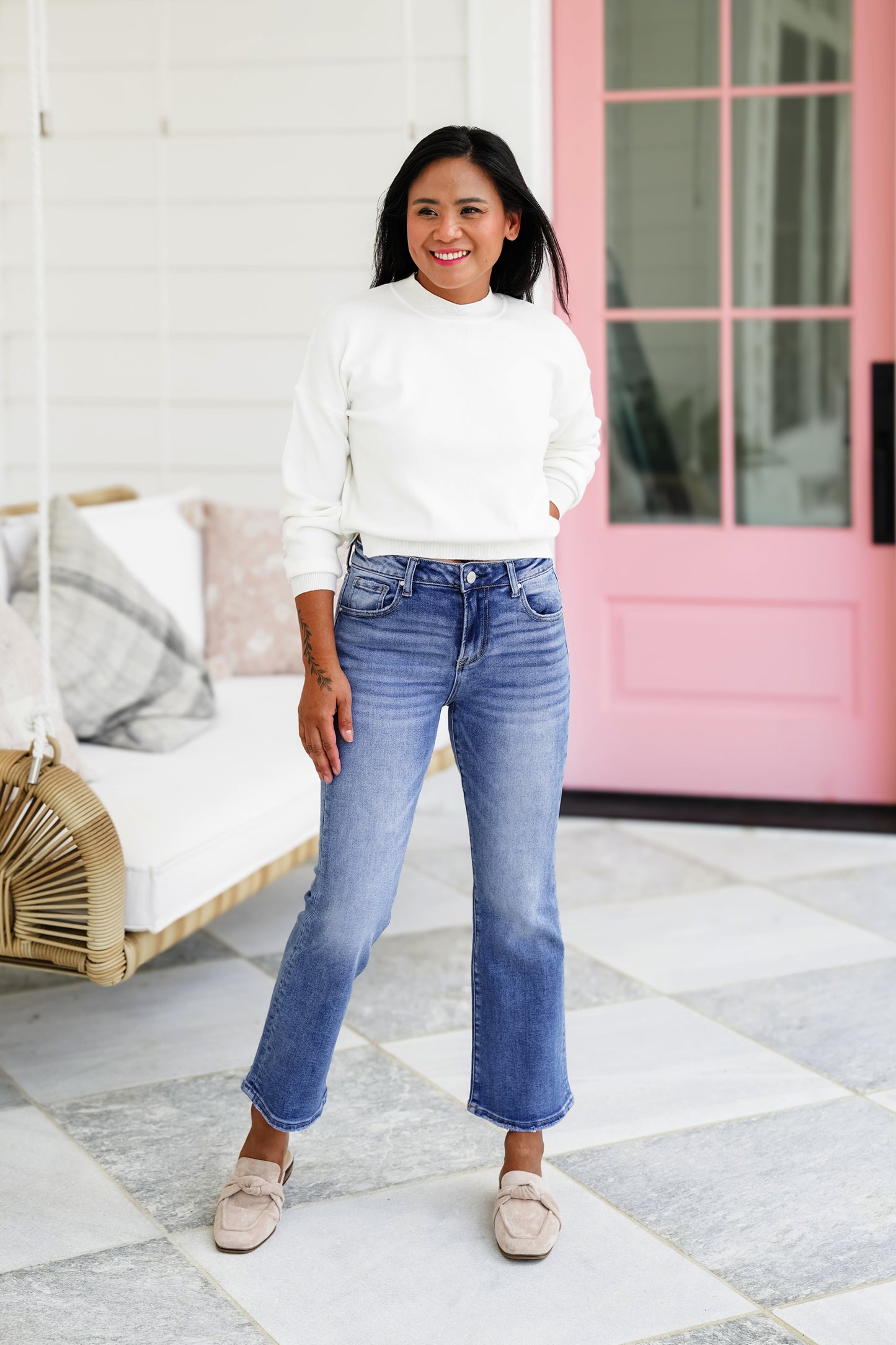 Risen Girl Next Door Mid Rise Medium Wash Cropped Flare Jeans
