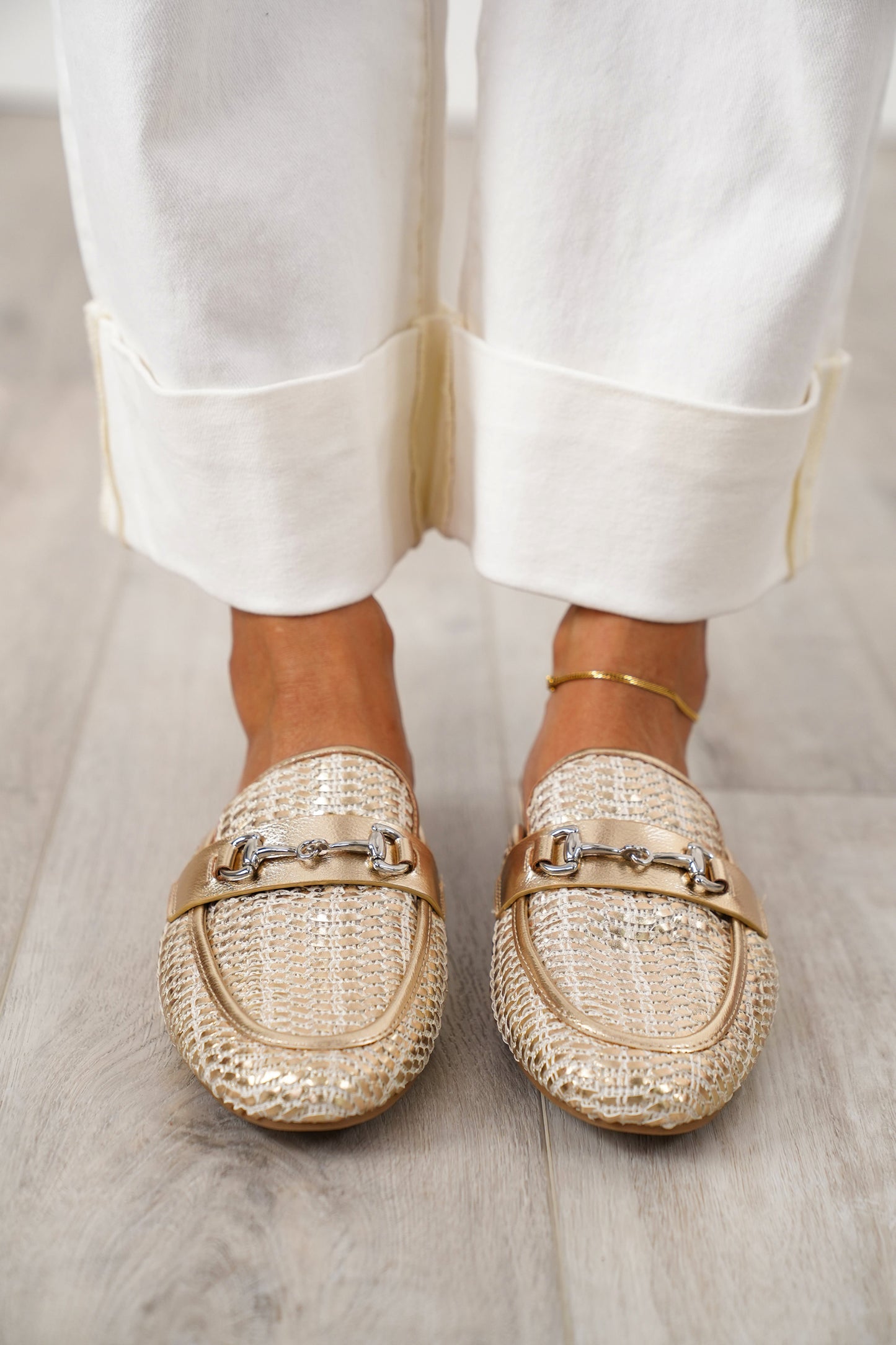 MIA Woven Metallic Loafers with Metal Buckle