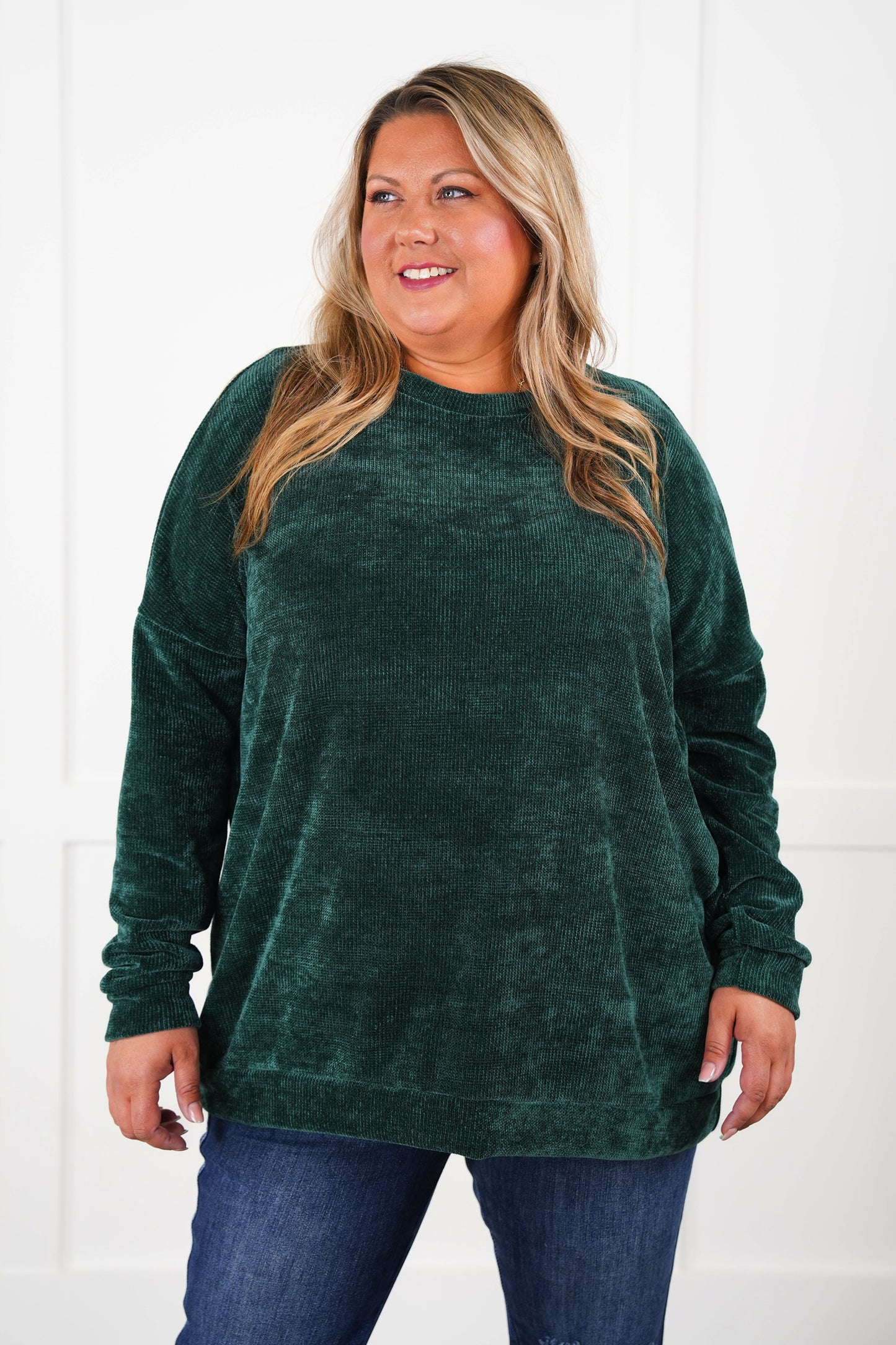 Plus/Reg Solid Chenille Long Sleeve Round Neck Top (Multiple Colors)