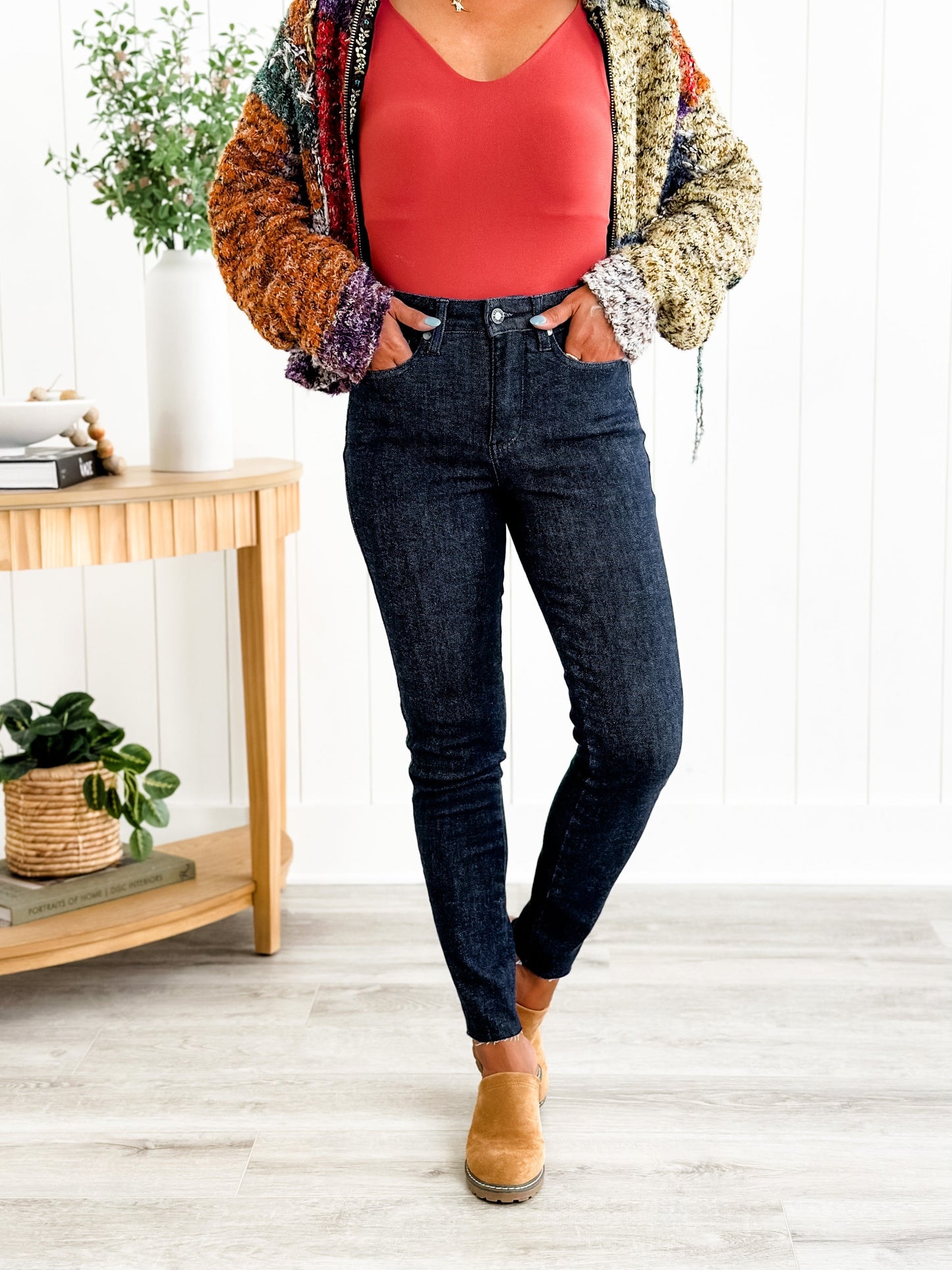 Judy Blue Starry Night High Rise Dark Wash Tummy Control Top Raw Hem Jeans