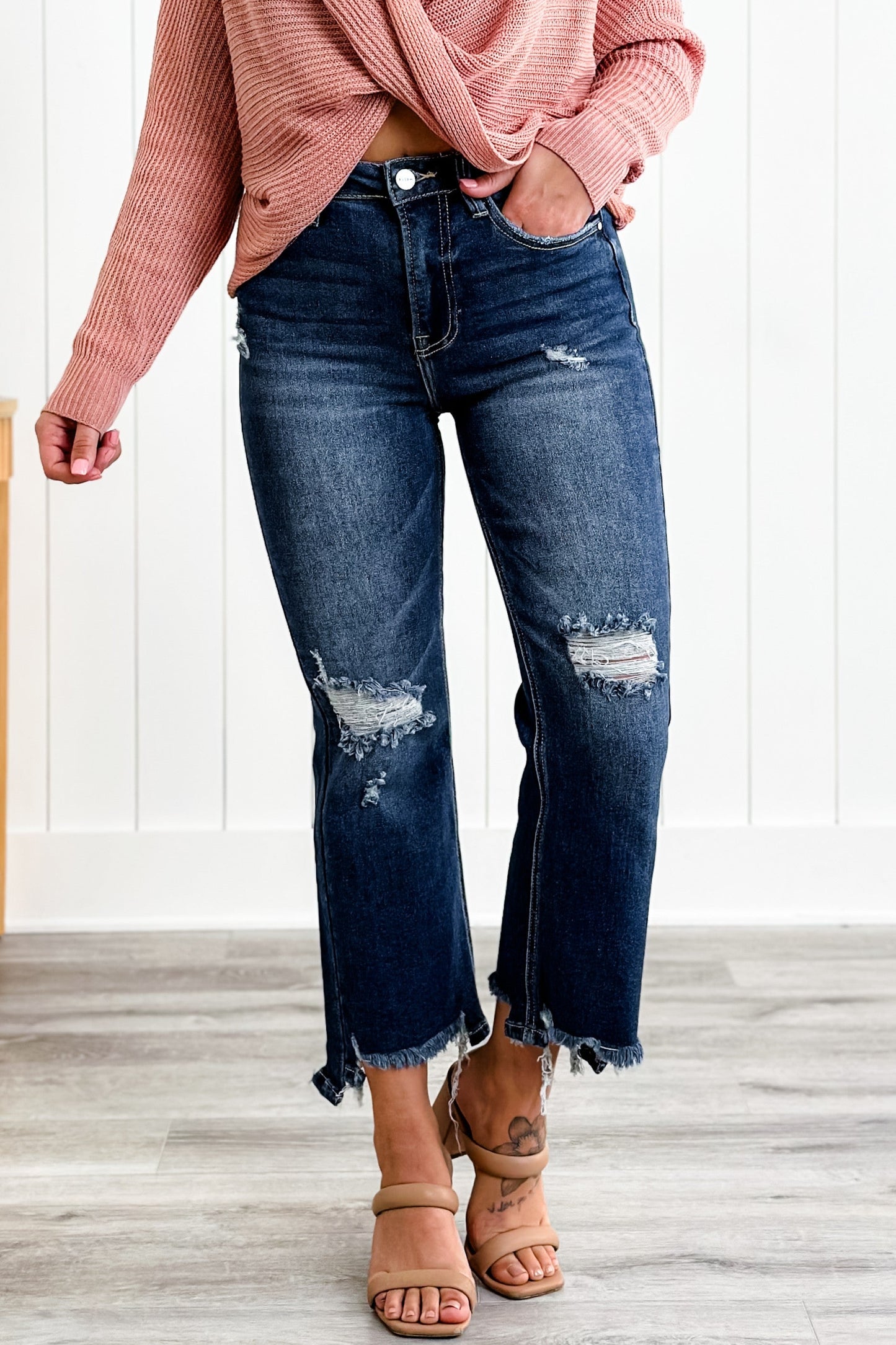 Risen High Rise Dark Wash Crop Step Chew Jeans