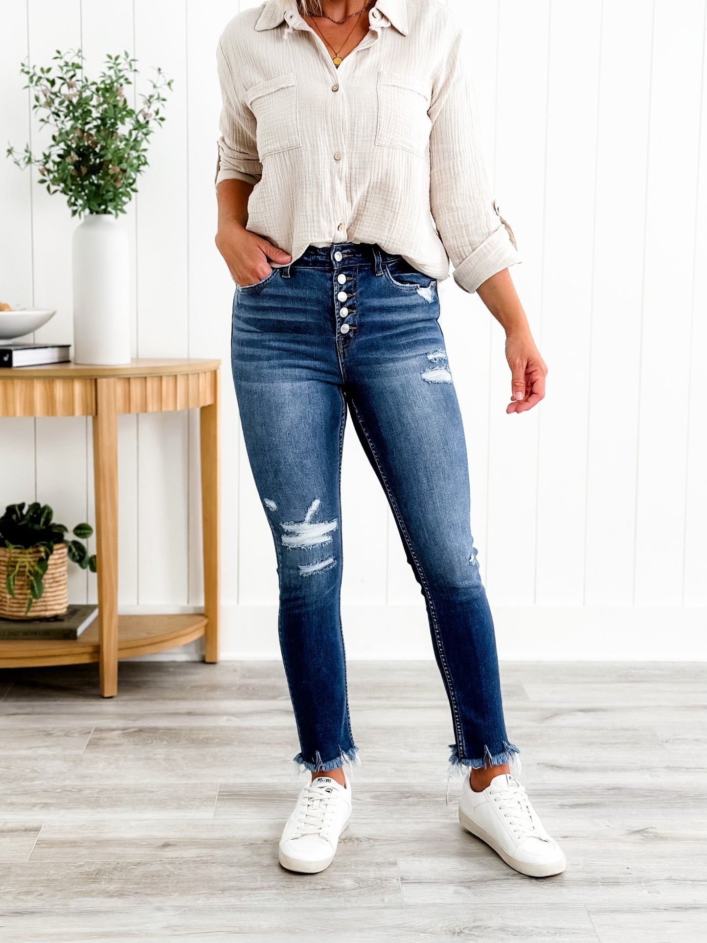Vervet Parkside Medium Wash Distressed Button Down Skinny Jeans with Raw Ankle Hem