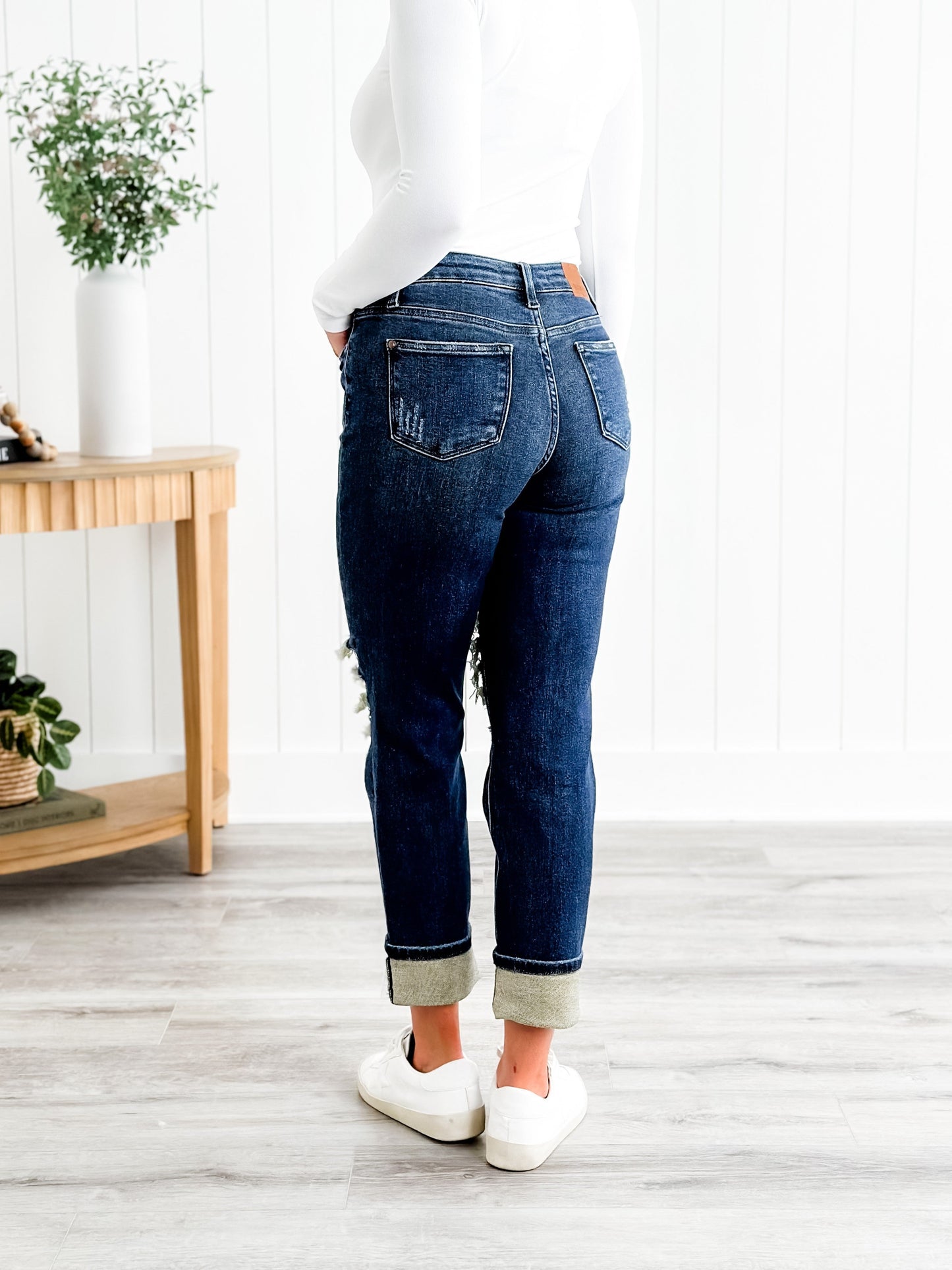 Judy Blue Warm and Cozy Mid Rise Dark Wash Boyfriend Buffalo Plaid Knee Destroy Patches With Cuff Jeans
