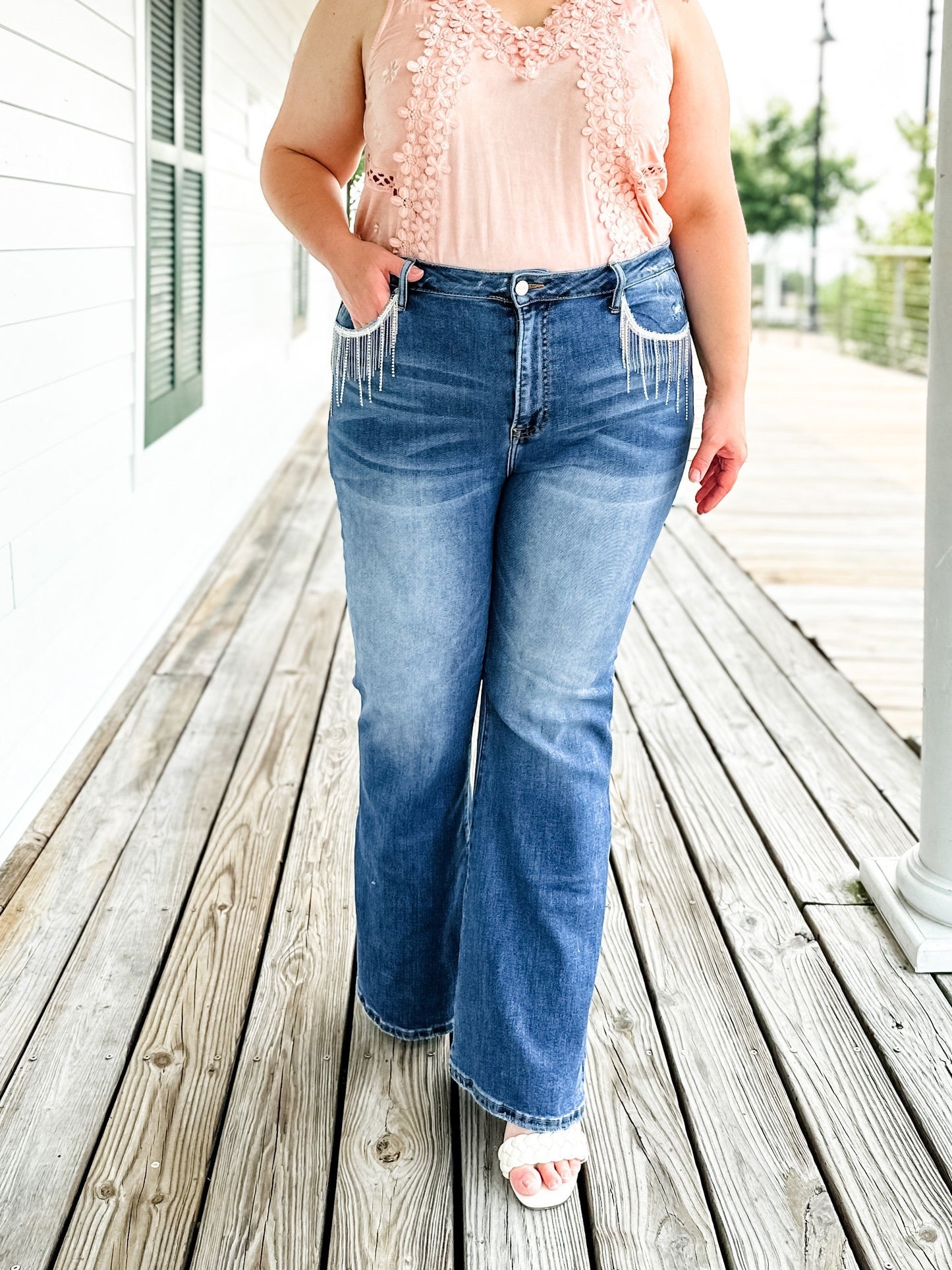 Risen Dark Wash Embellished Wide Flare Jean