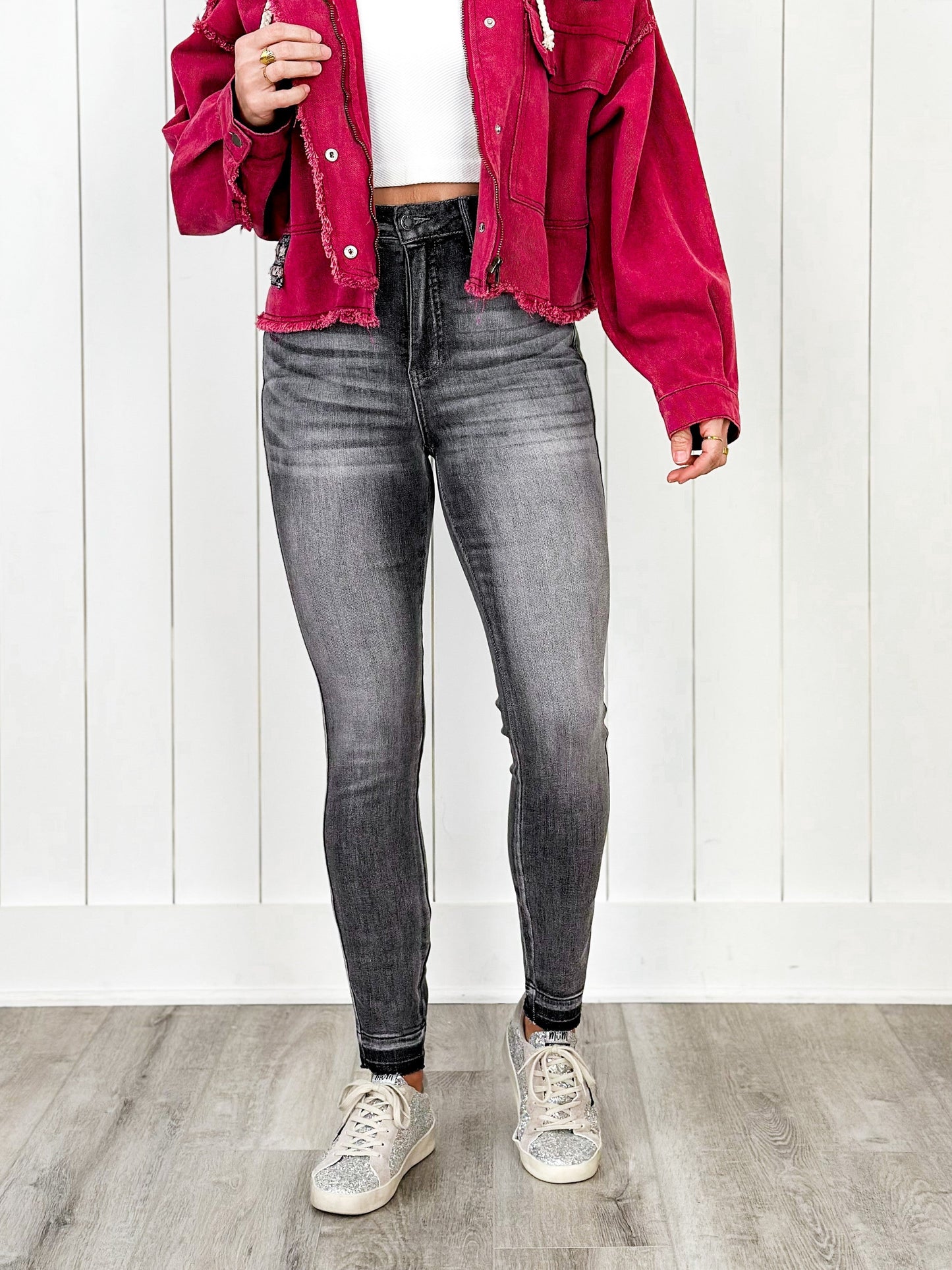 Judy Blue 50 Shades of Grey High Rise Grey Wash Tummy Control Skinny Jeans With Release Hem