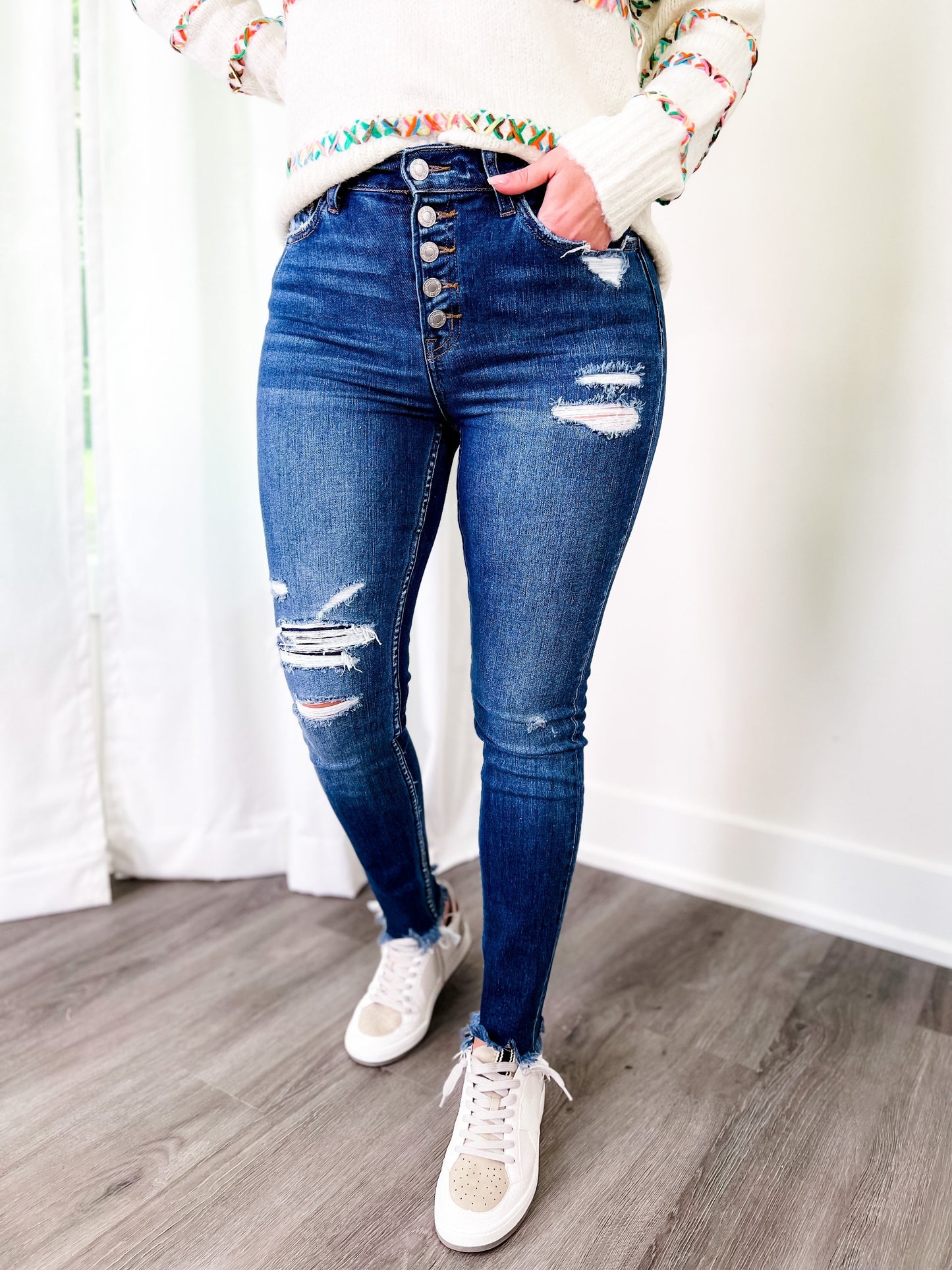 Vervet Parkside Medium Wash Distressed Button Down Skinny Jeans with Raw Ankle Hem