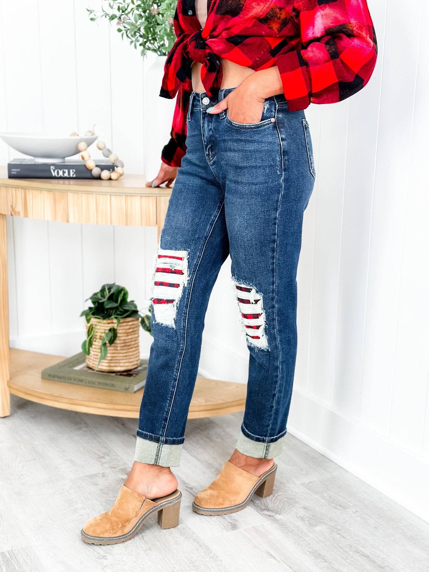 Judy Blue Warm and Cozy Mid Rise Dark Wash Boyfriend Buffalo Plaid Knee Destroy Patches With Cuff Jeans