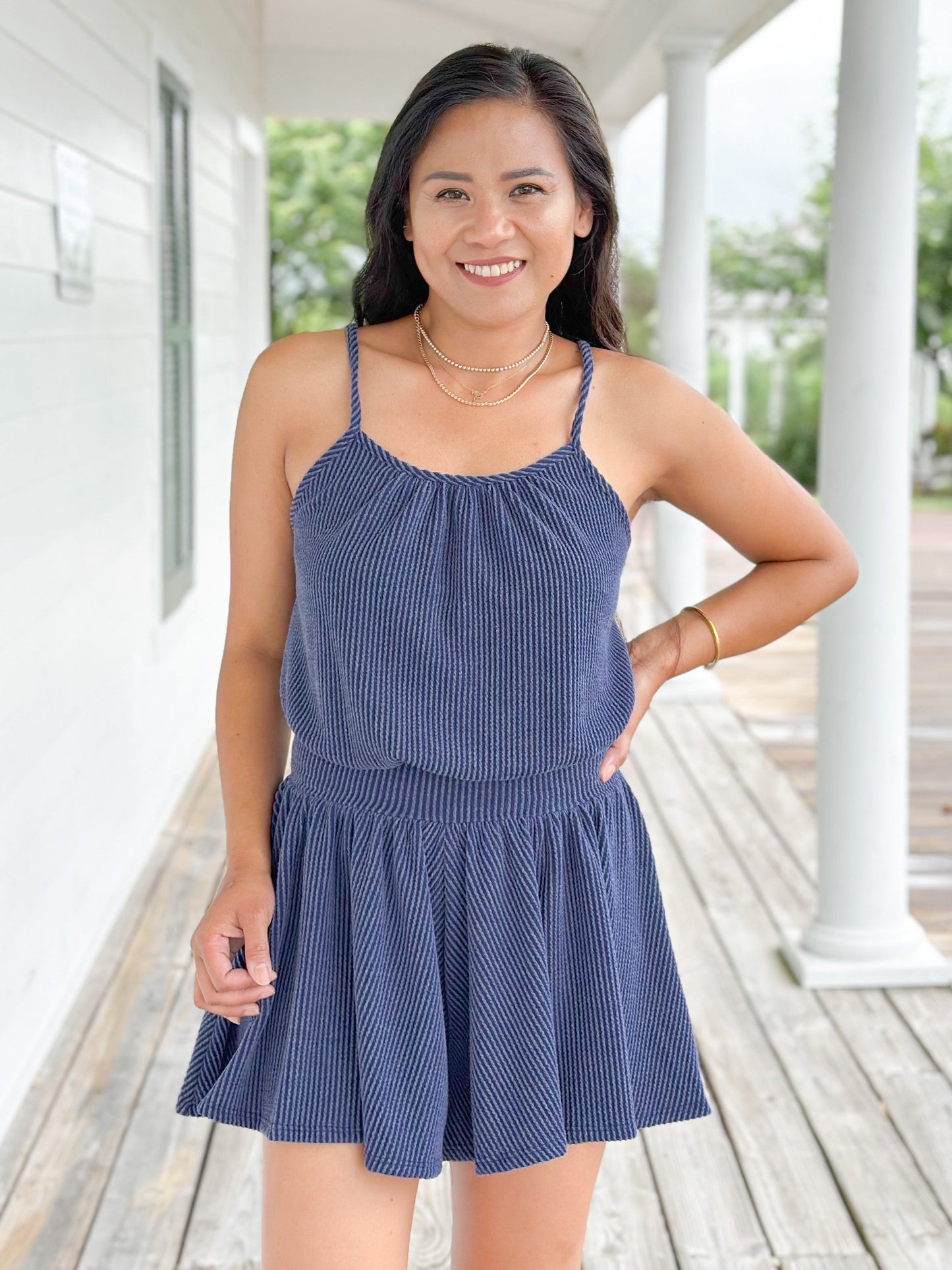 Plus/Reg Sleeveless Rib Knit Romper With Elastic Waist