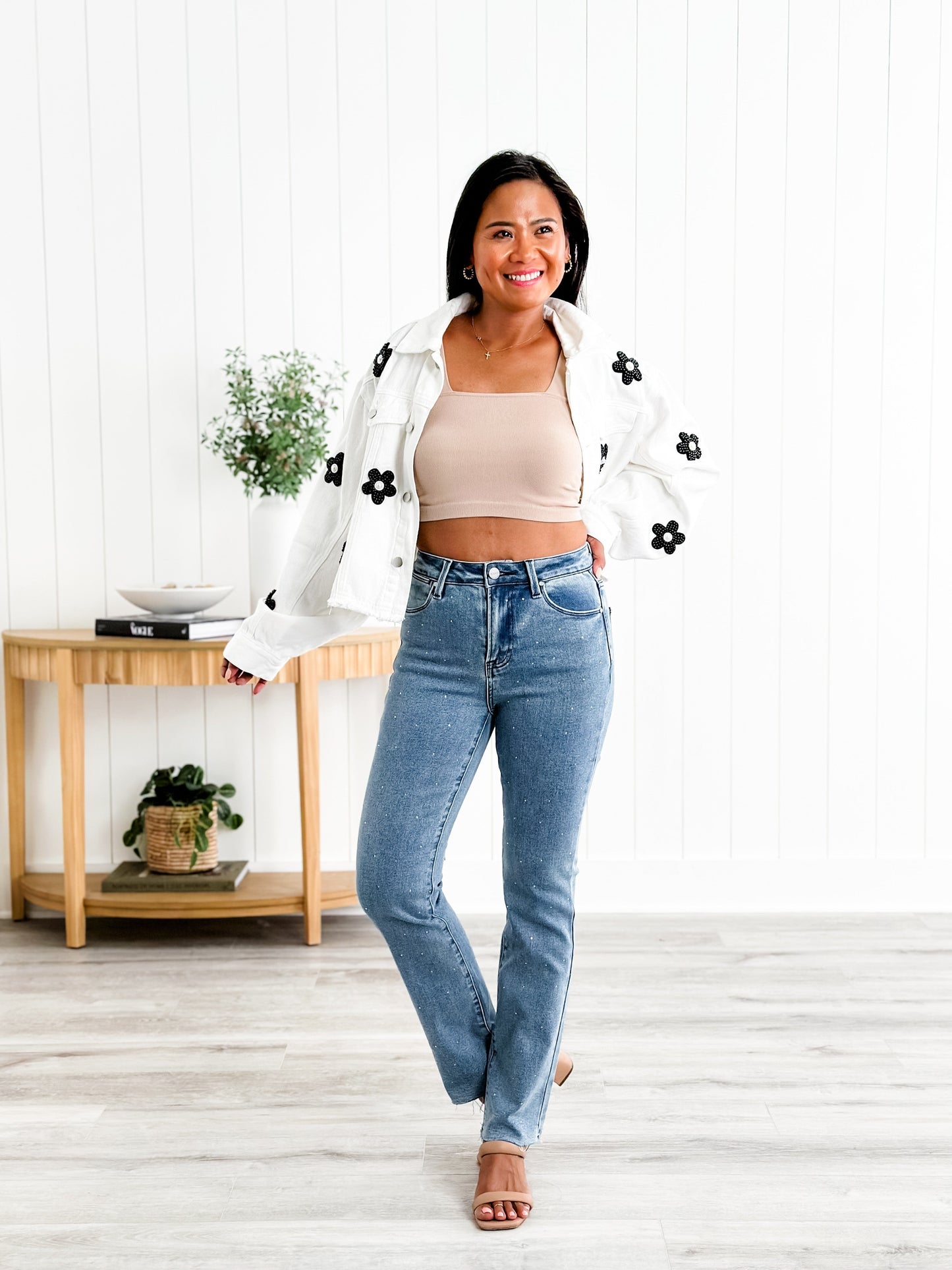 Risen Medium Wash High Rise Slim Straight Jeans With Rhinestones