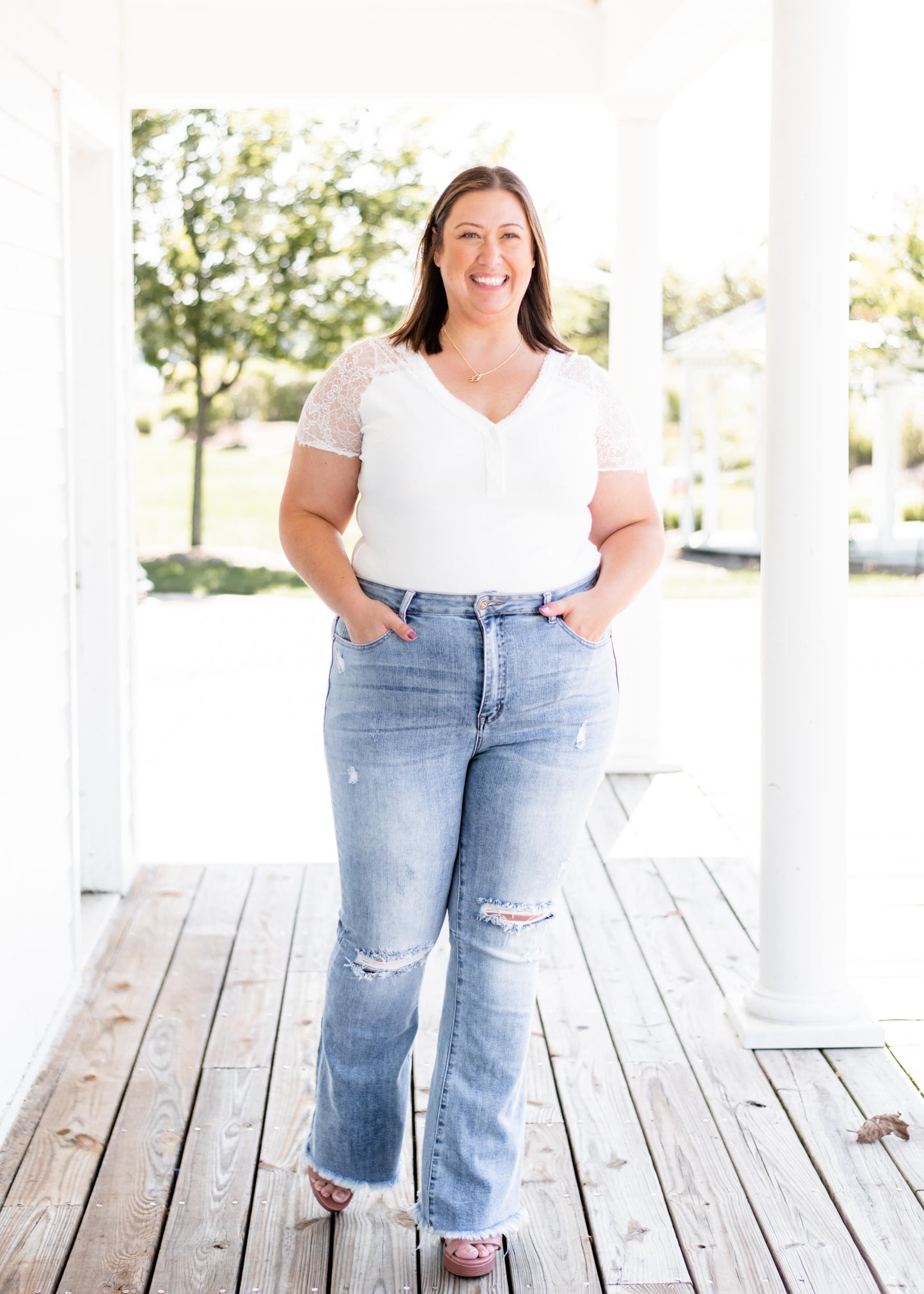 Risen With the Band High Rise Light Wash Distressed Flare Jeans
