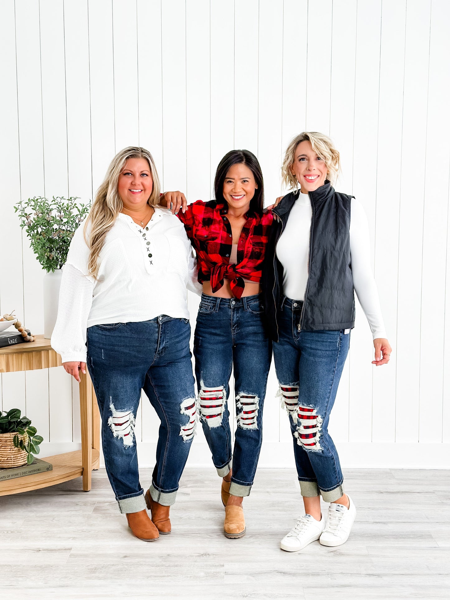 Judy Blue Warm and Cozy Mid Rise Dark Wash Boyfriend Buffalo Plaid Knee Destroy Patches With Cuff Jeans