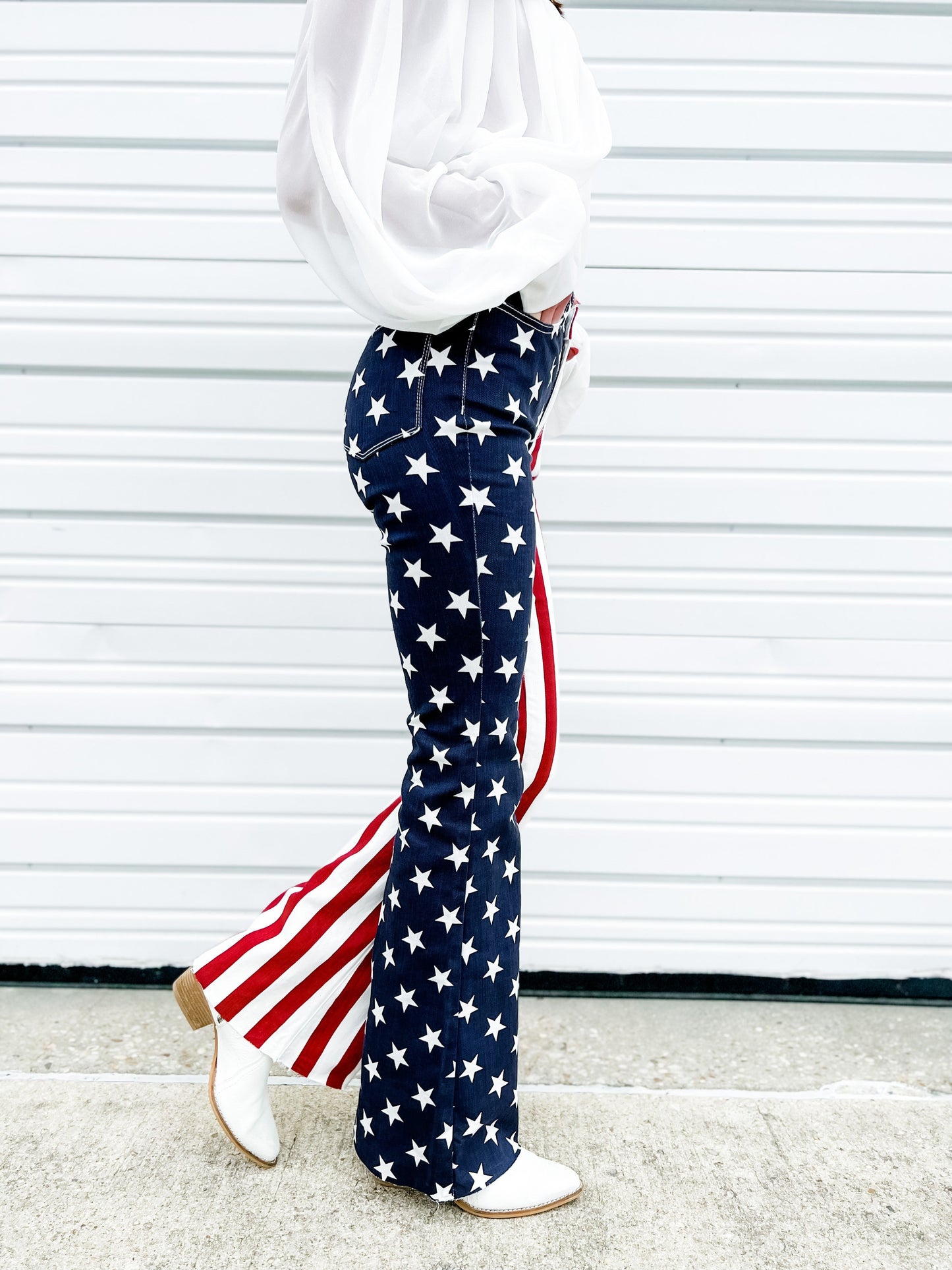 Judy Blue High Rise Stars and Stripes Print Raw Hem Flare Jeans