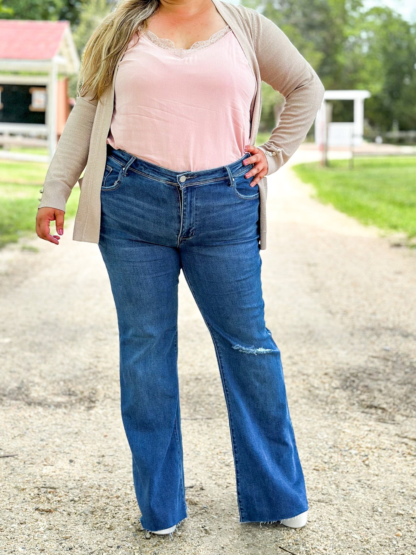 Risen Low Rise Dark Wash Distressed Flare Jeans