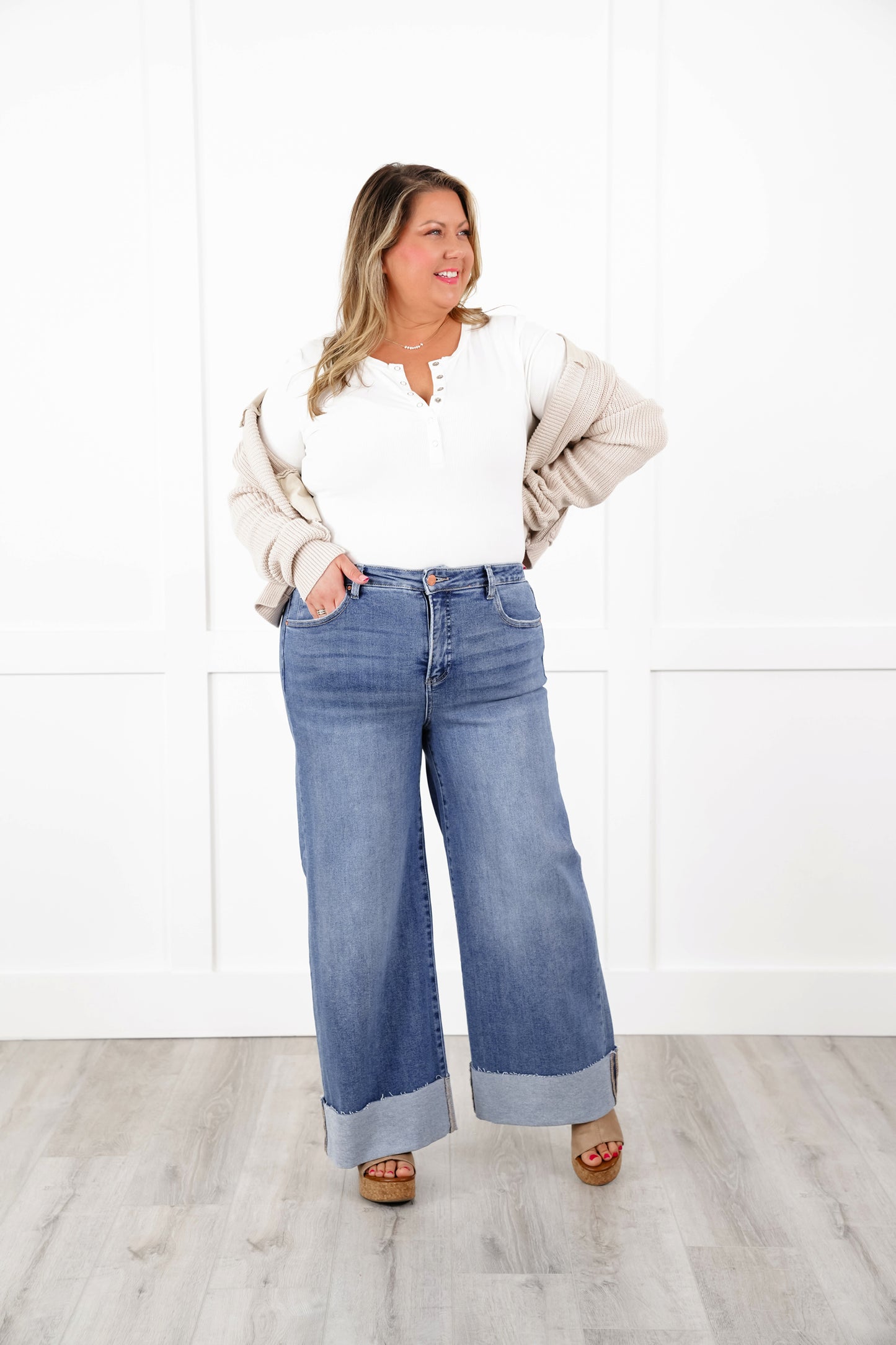 Risen High Rise Medium Wash Tummy Control Cuffed Wide Leg Jeans