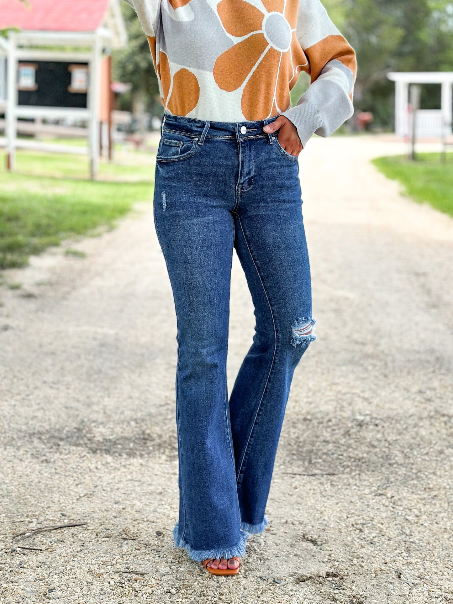 Risen Low Rise Dark Wash Distressed Flare Jeans