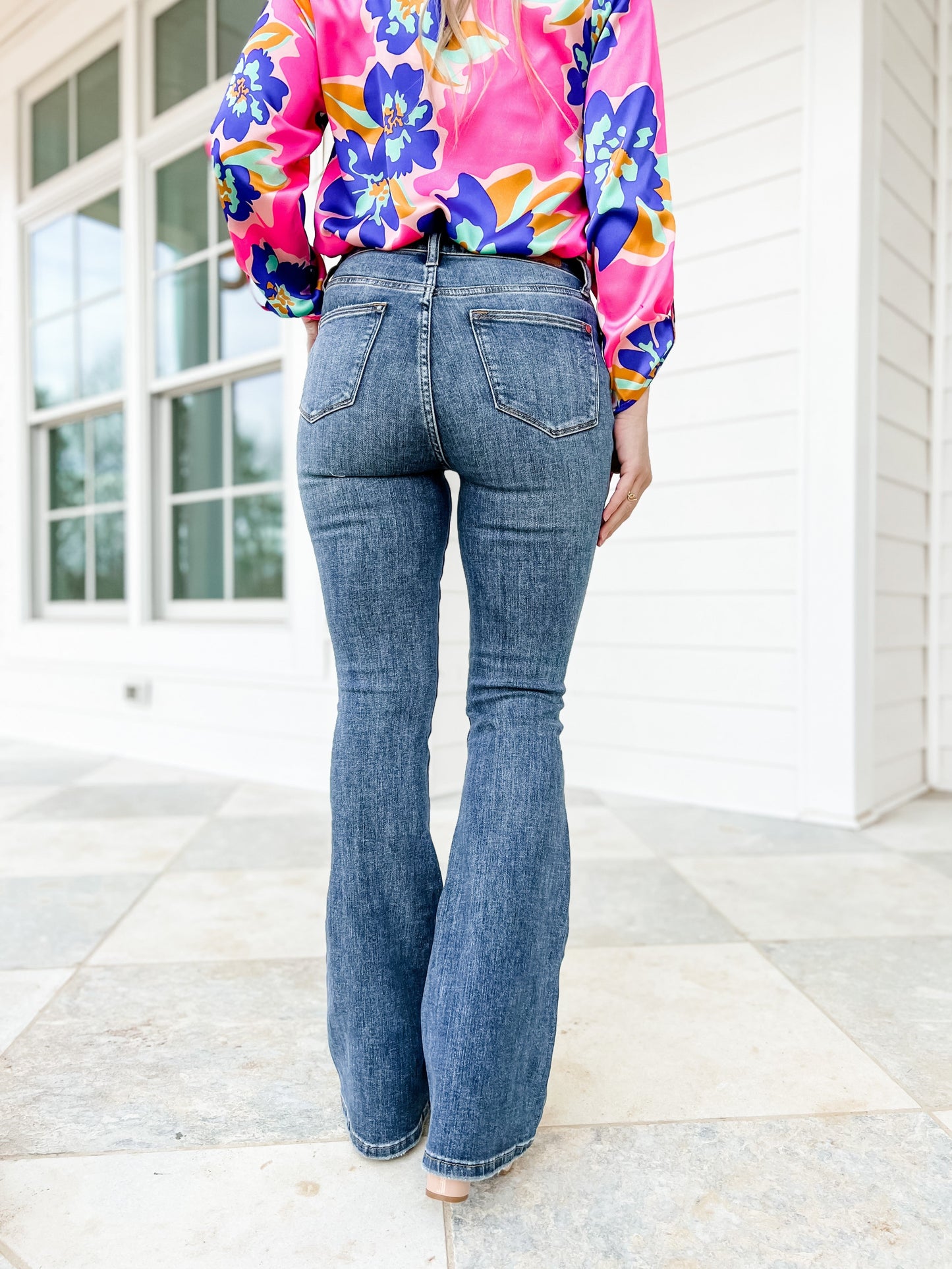 Judy Blue Country Roads Medium Wash Mid Rise Distressed Flare Long Inseam Jeans