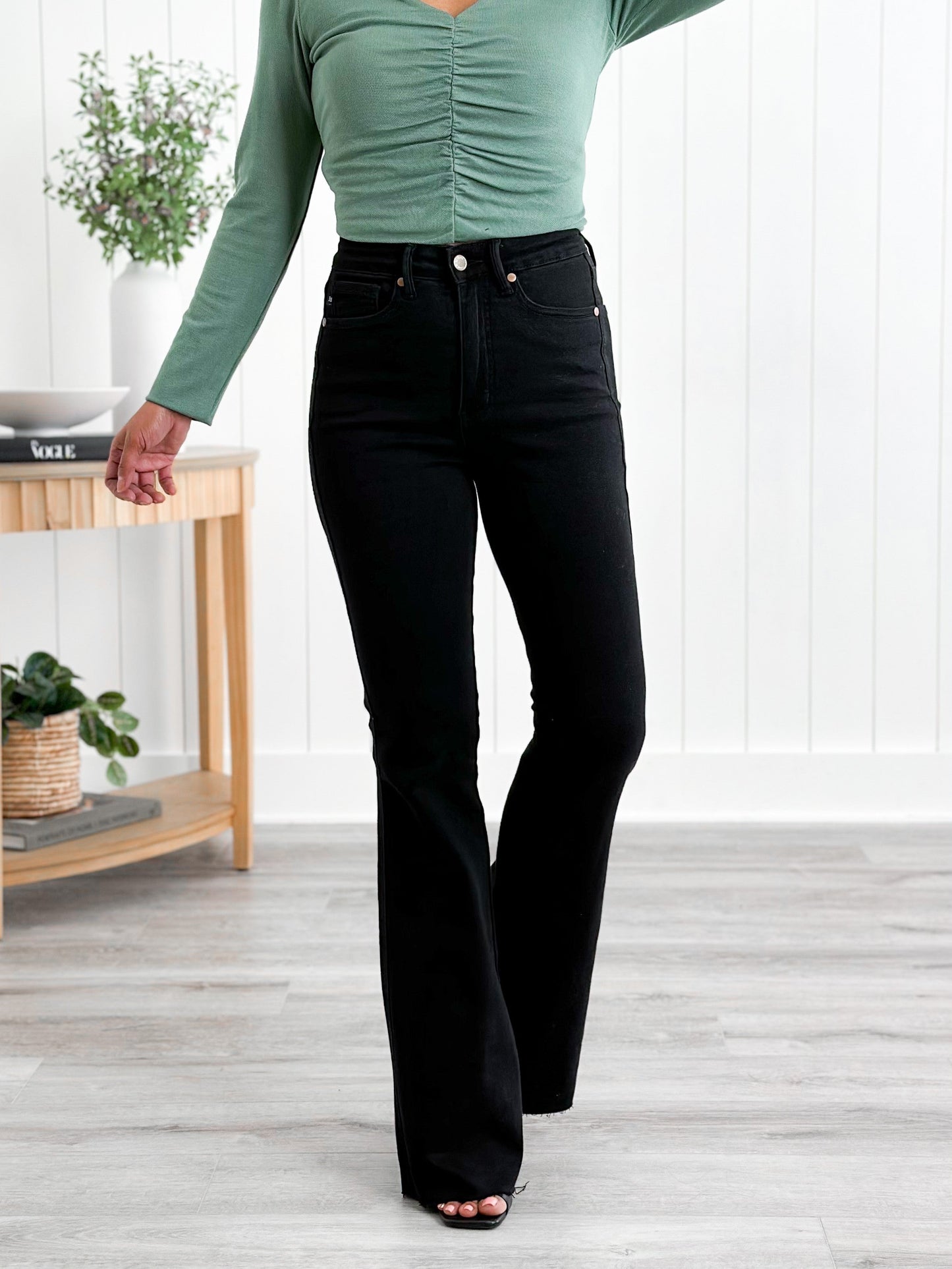 Judy Blue High Rise Black Tummy Control Cut Hem Flare Jeans