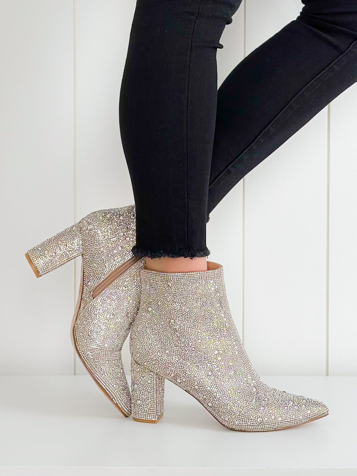 Silver Rhinestone Pearl Beaded Heels w/ Side Zipper
