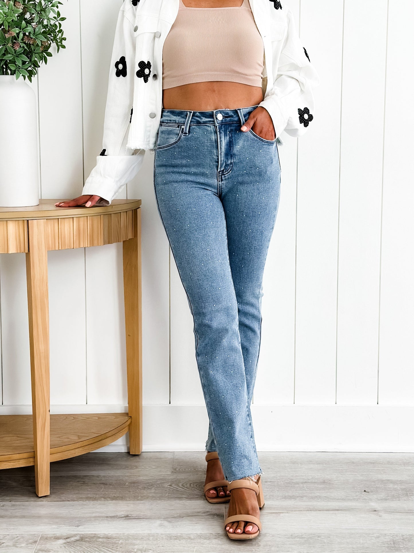Risen Medium Wash High Rise Slim Straight Jeans With Rhinestones