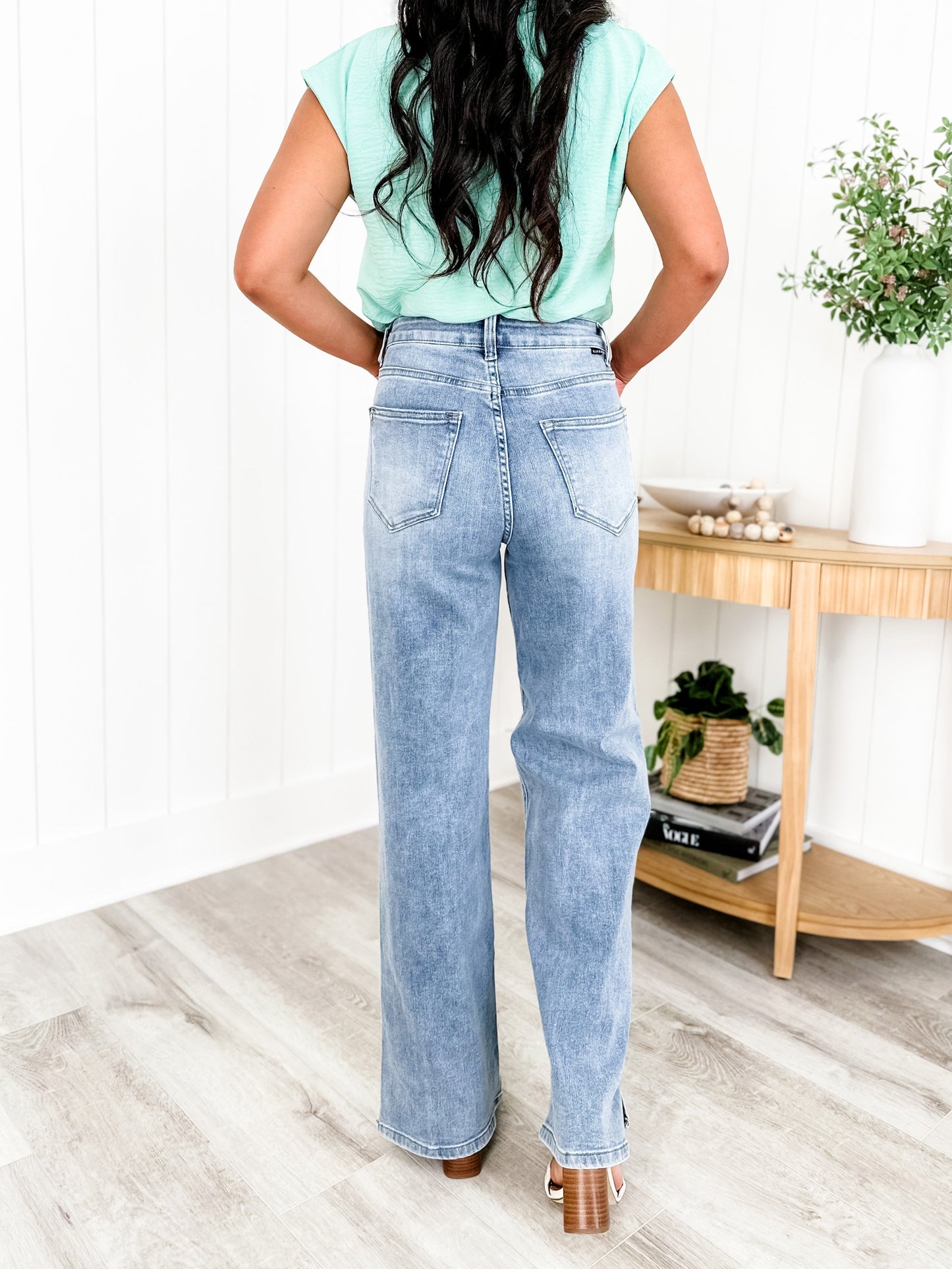 Risen Medium Wash Wide Leg Jeans with Side Slit