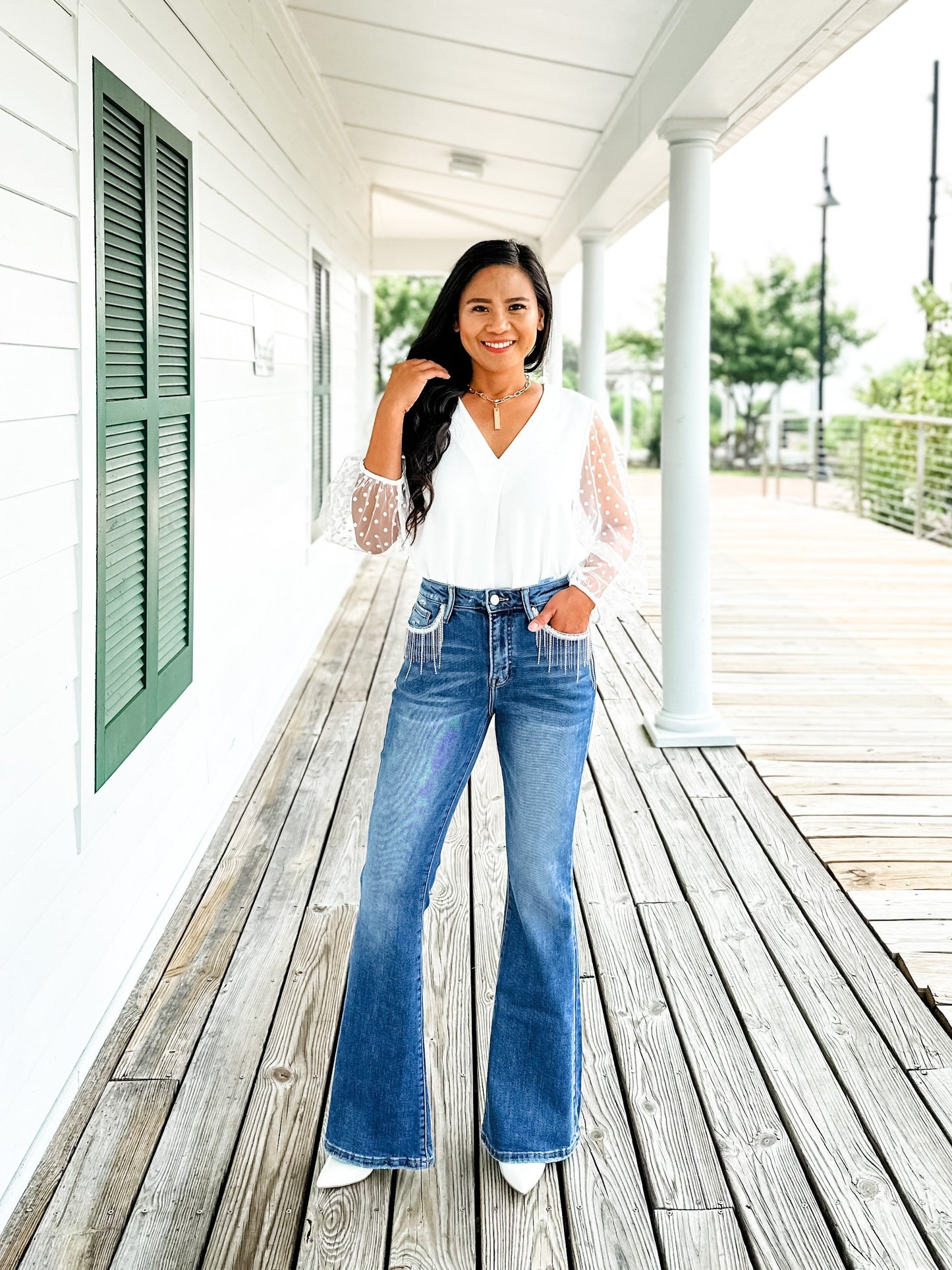 Risen Dark Wash Embellished Wide Flare Jean