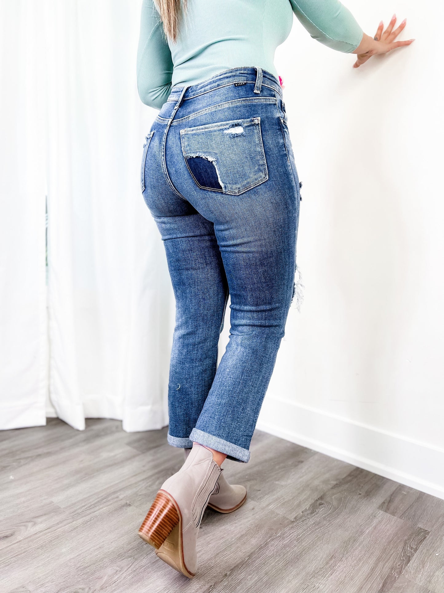 Risen Dark Wash High Rise Distressed Girlfriend Jeans