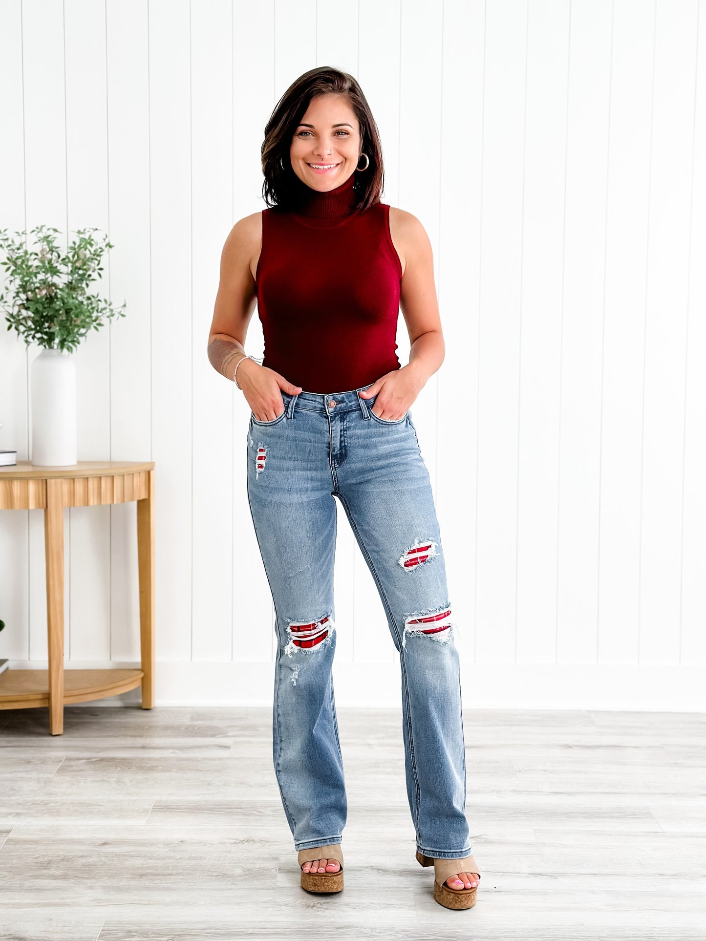Judy Blue Plaid for You Mid Rise Medium Wash Bootcut Jeans With Patch Detail
