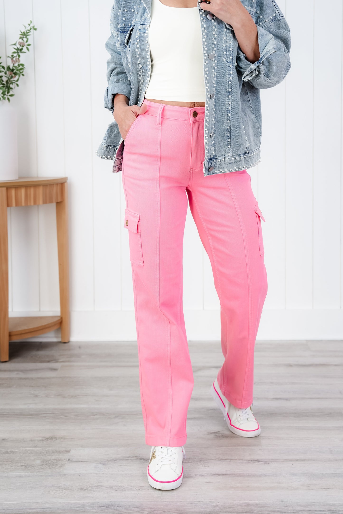 Judy Blue High Rise Pink Garment Dyed Cargo Straight Leg Jeans