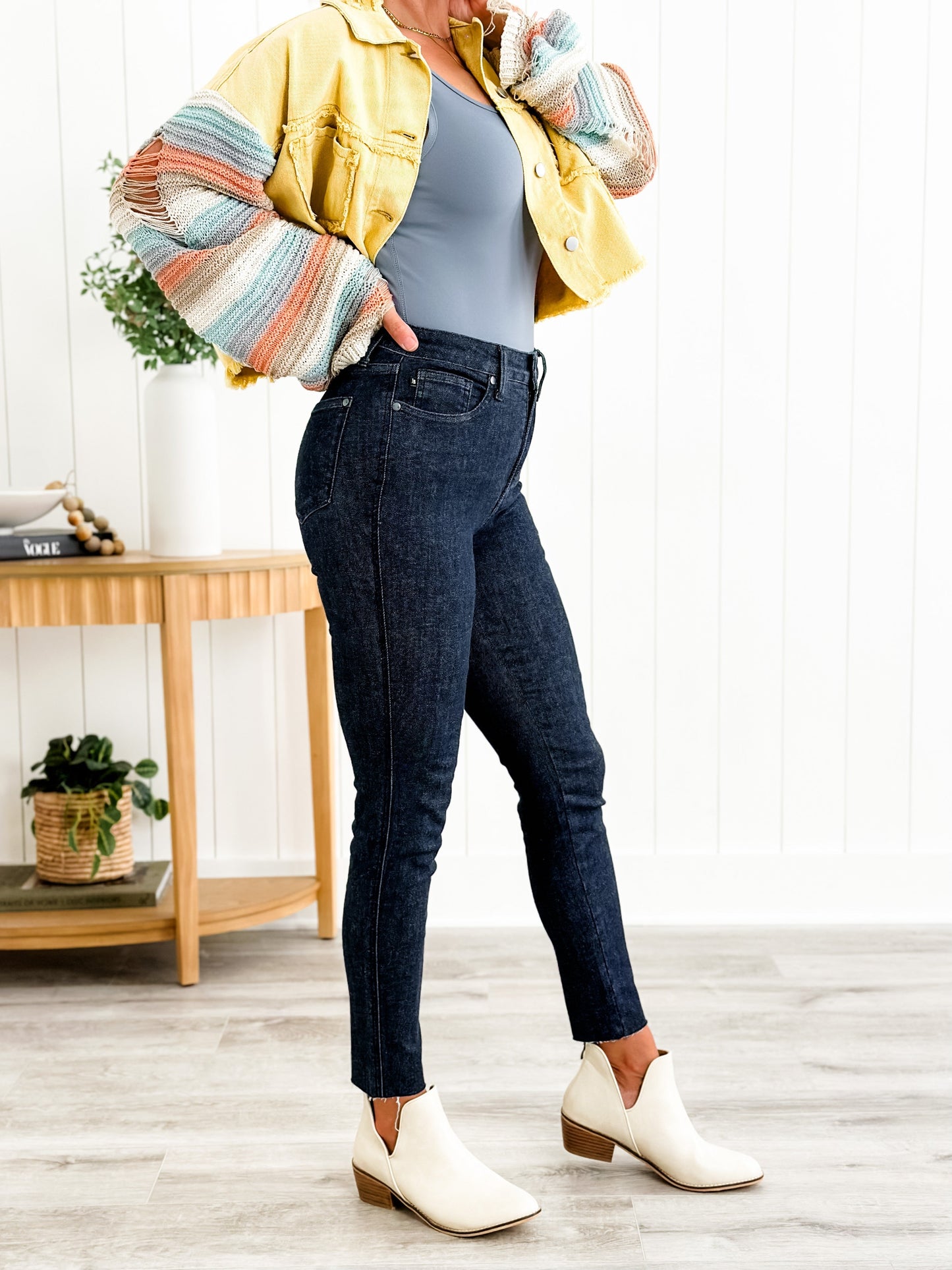 Judy Blue Starry Night High Rise Dark Wash Tummy Control Top Raw Hem Jeans