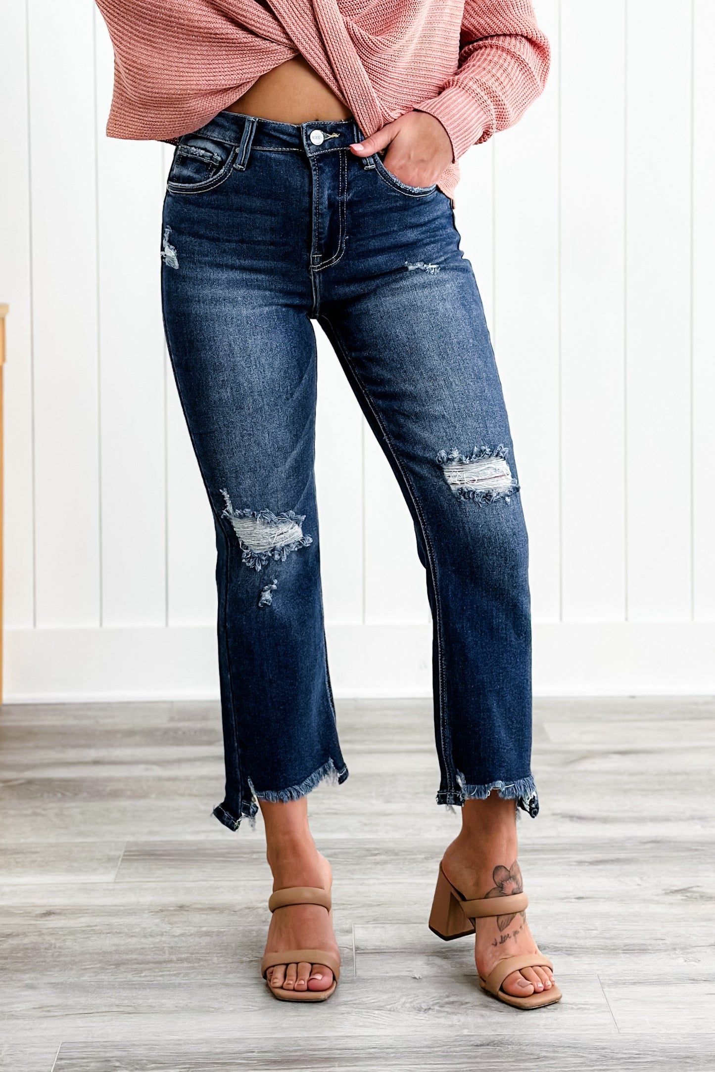 Risen High Rise Dark Wash Crop Step Chew Jeans