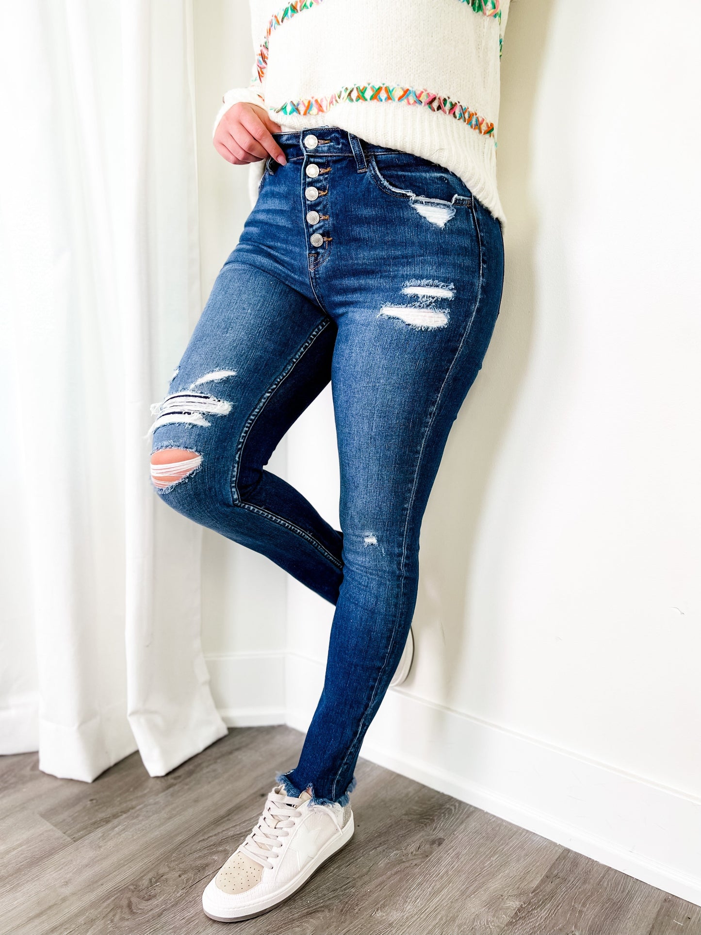 Vervet Parkside Medium Wash Distressed Button Down Skinny Jeans with Raw Ankle Hem