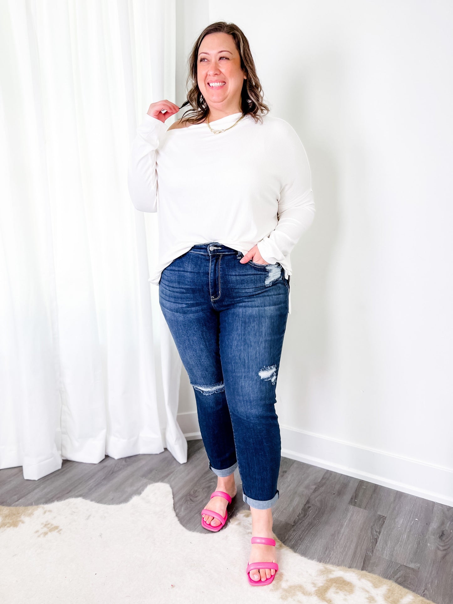 Judy Blue Casual Friday High Rise Cuffed Boyfriend Distressed Jeans