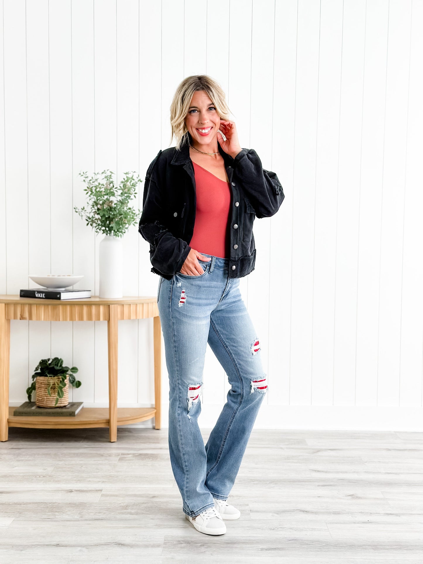 Judy Blue Plaid for You Mid Rise Medium Wash Bootcut Jeans With Patch Detail