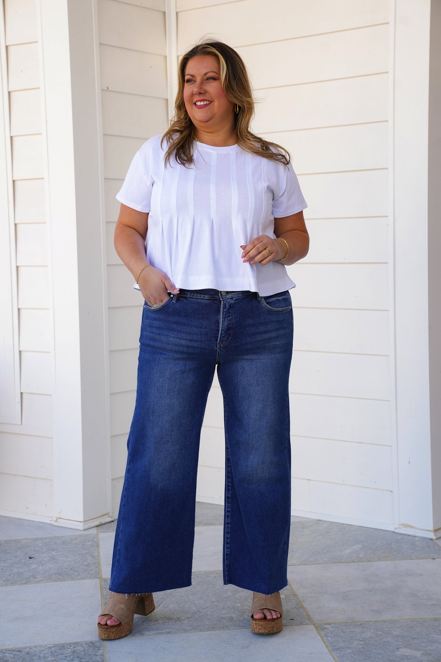 Risen Mid Rise Dark Wash Tummy Control Elastic Waistband Cropped Wide Leg Jeans