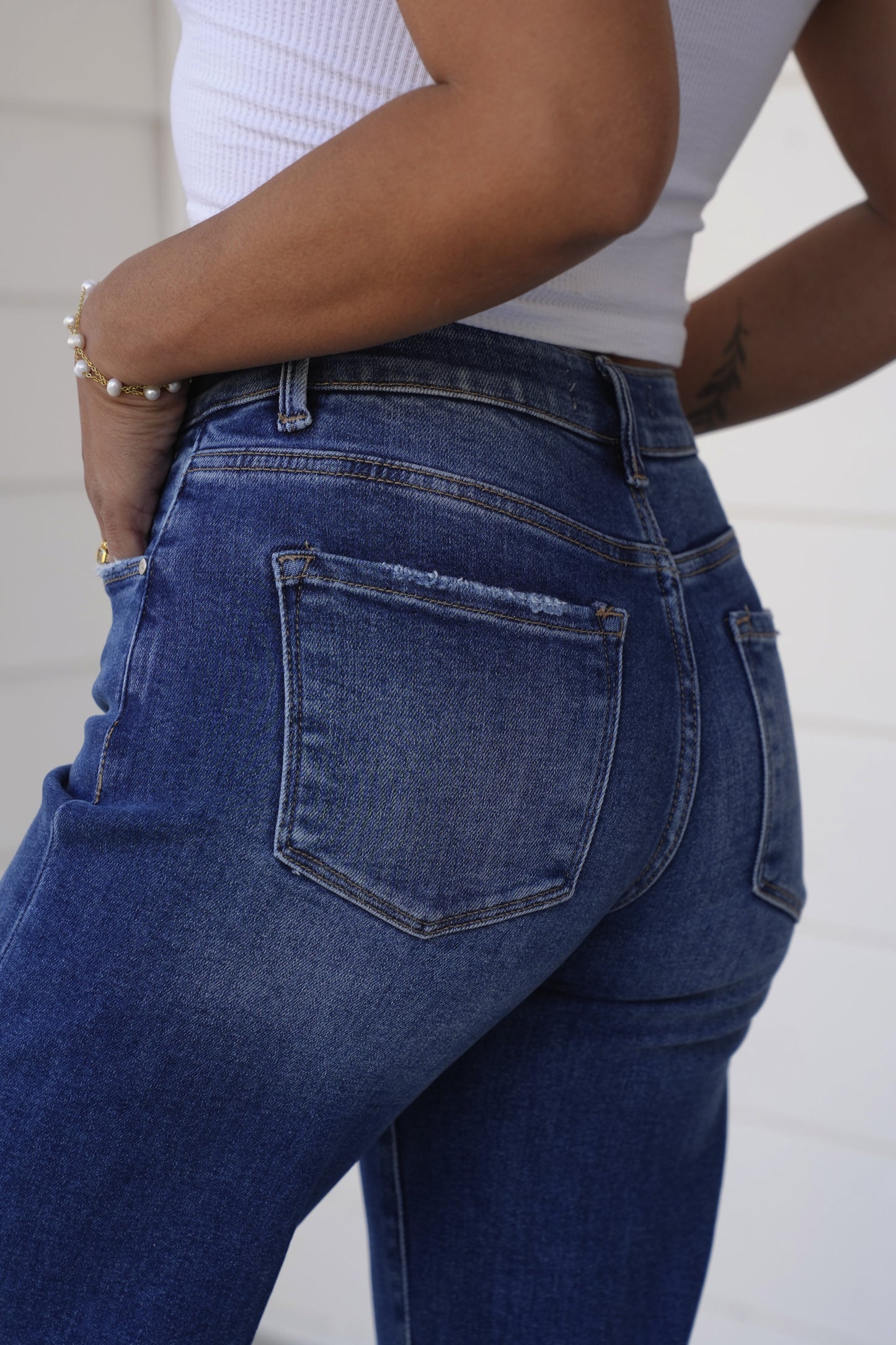 Risen Mid Rise Dark Wash Tummy Control Elastic Waistband Cropped Wide Leg Jeans