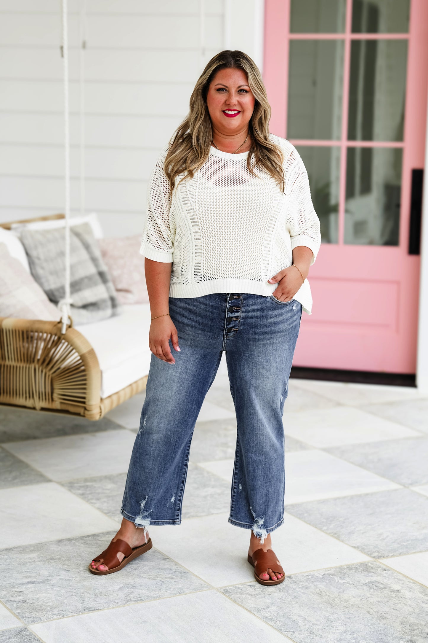 Judy Blue High Rise Medium Wash Button Fly Distressed Wide Leg Cropped Jeans