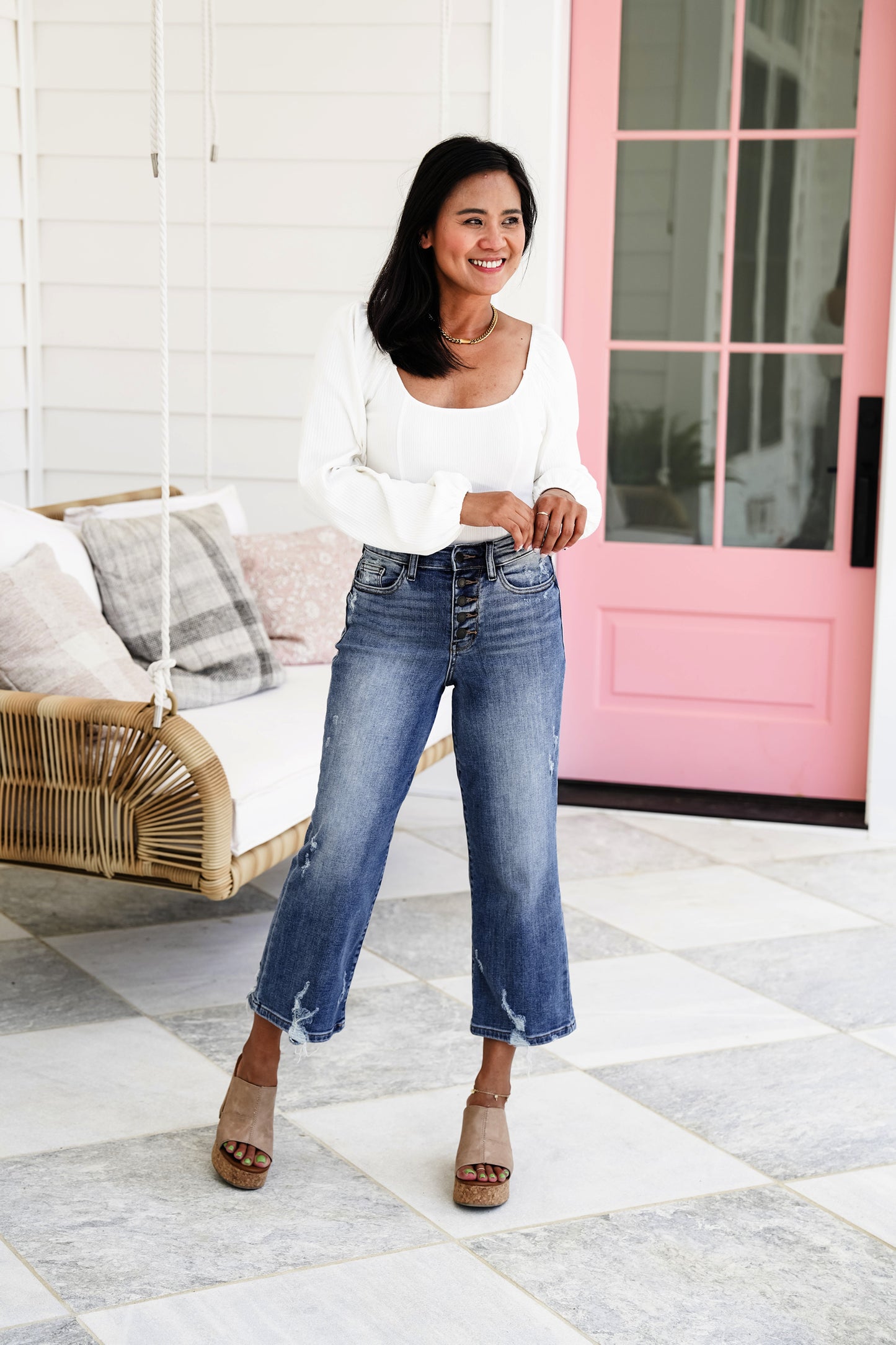 Judy Blue High Rise Medium Wash Button Fly Distressed Wide Leg Cropped Jeans