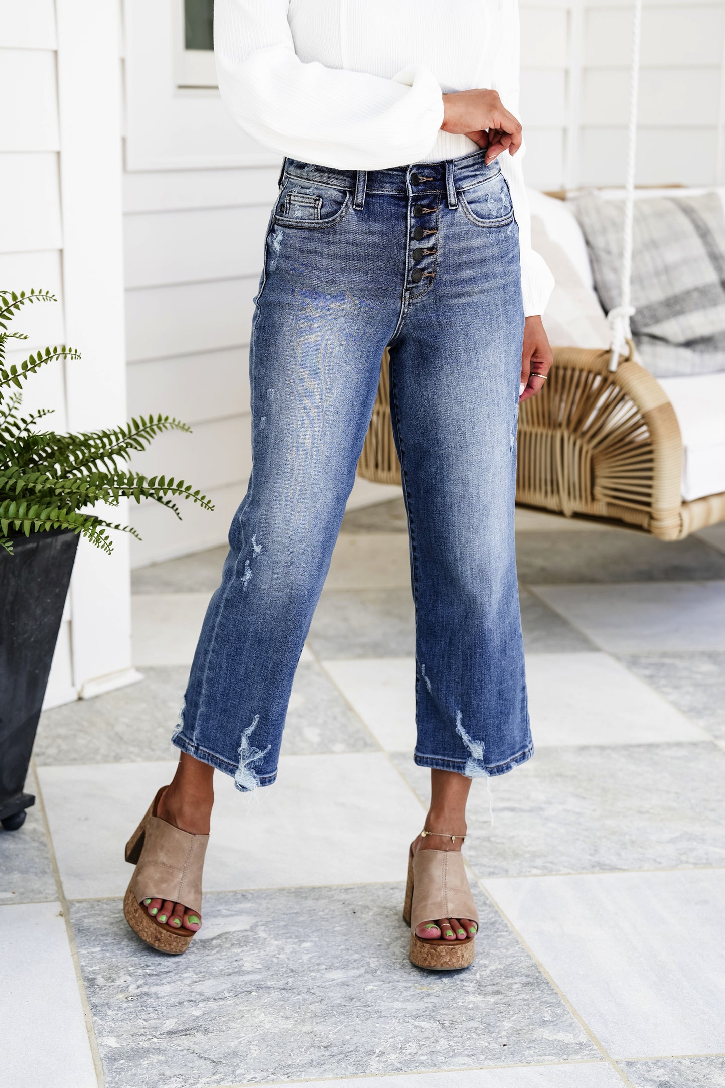 Judy Blue High Rise Medium Wash Button Fly Distressed Wide Leg Cropped Jeans