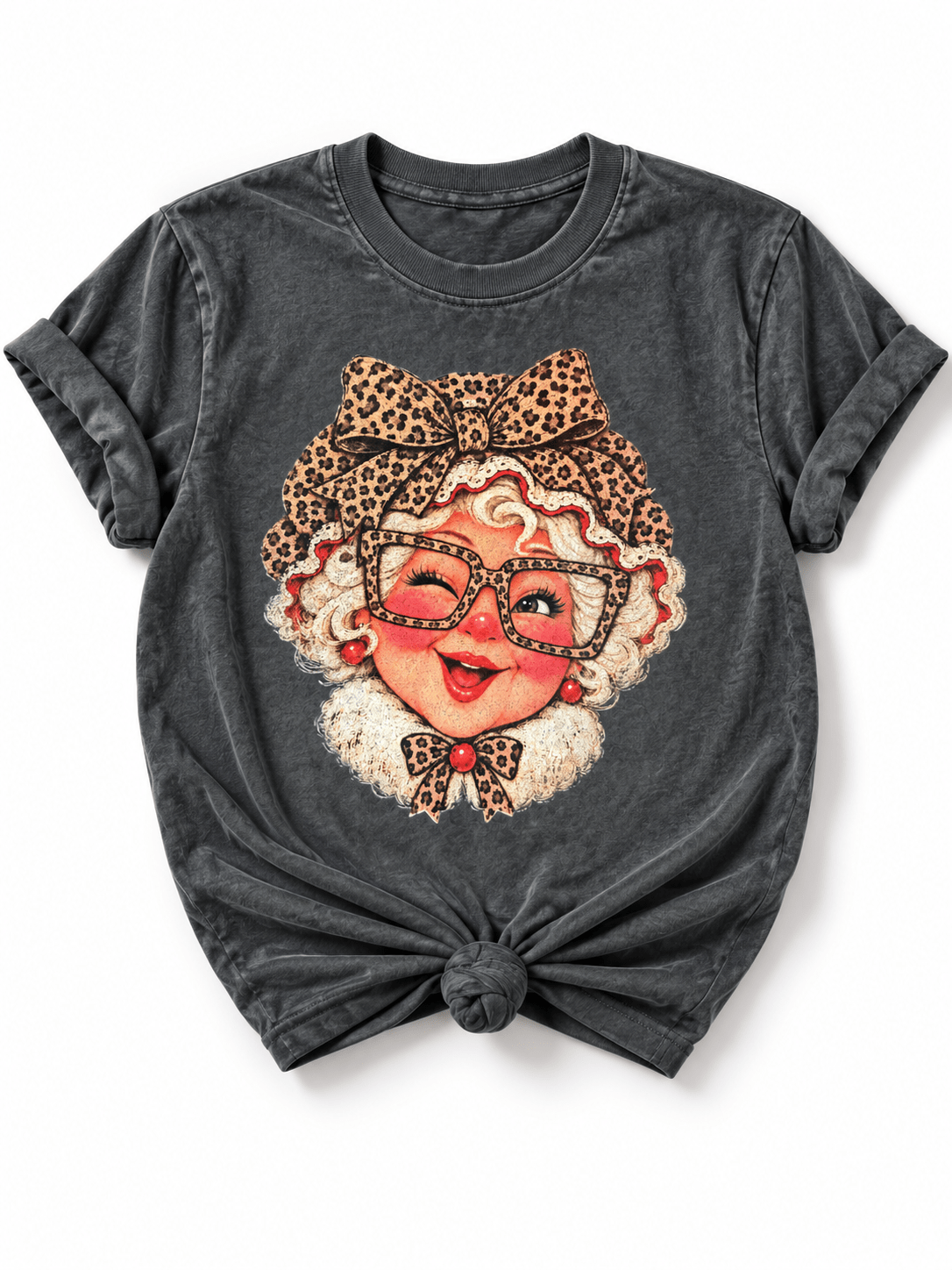 Plus/Reg Short Sleeve Leopard Mrs. Claus Christmas Graphic Tee - Freckled Poppy